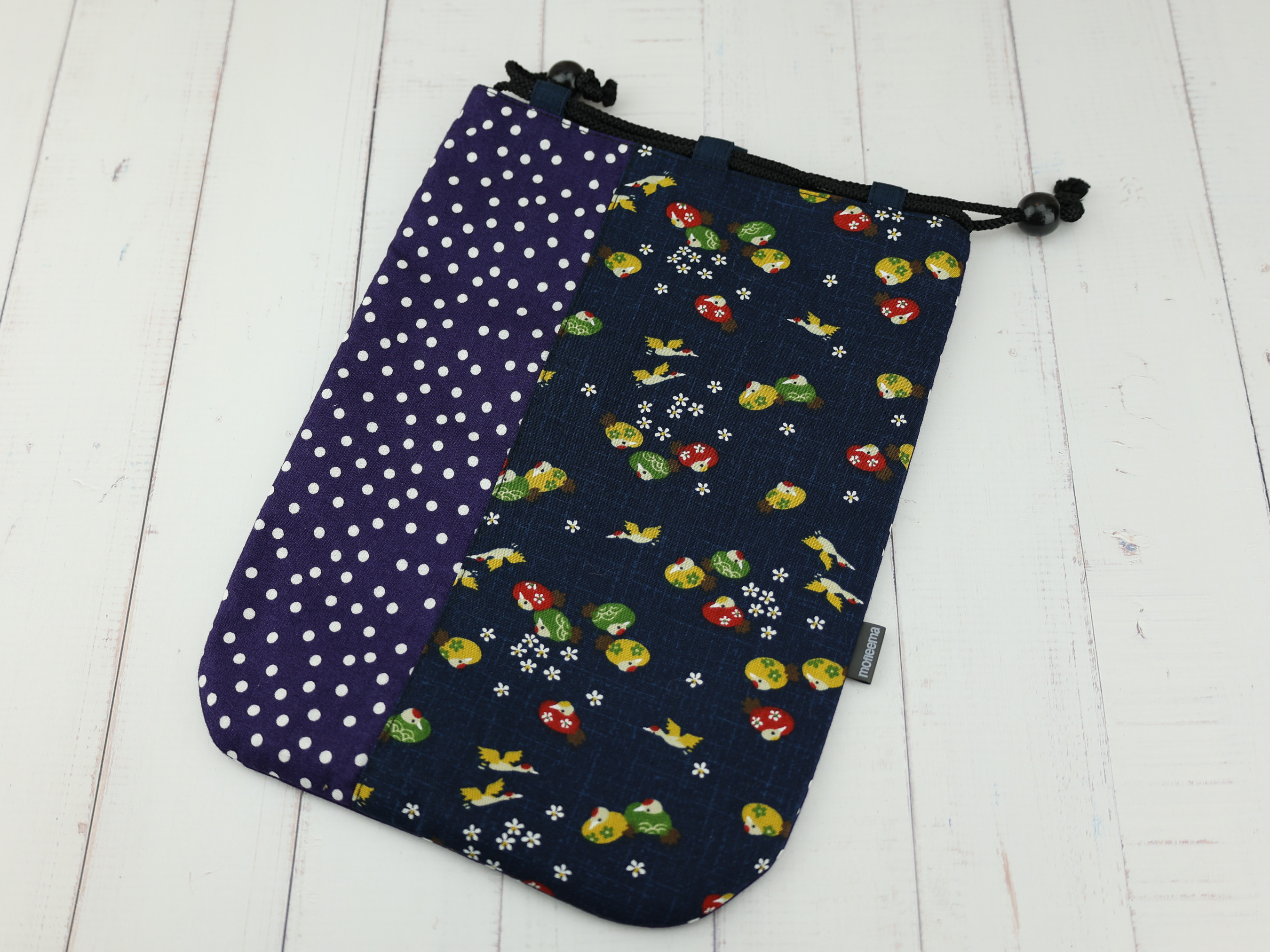 Japanese Bird Print Kinchaku Pouch, Navy Drawstring Bag, Retro Polka Dot Fabric Gift Bag