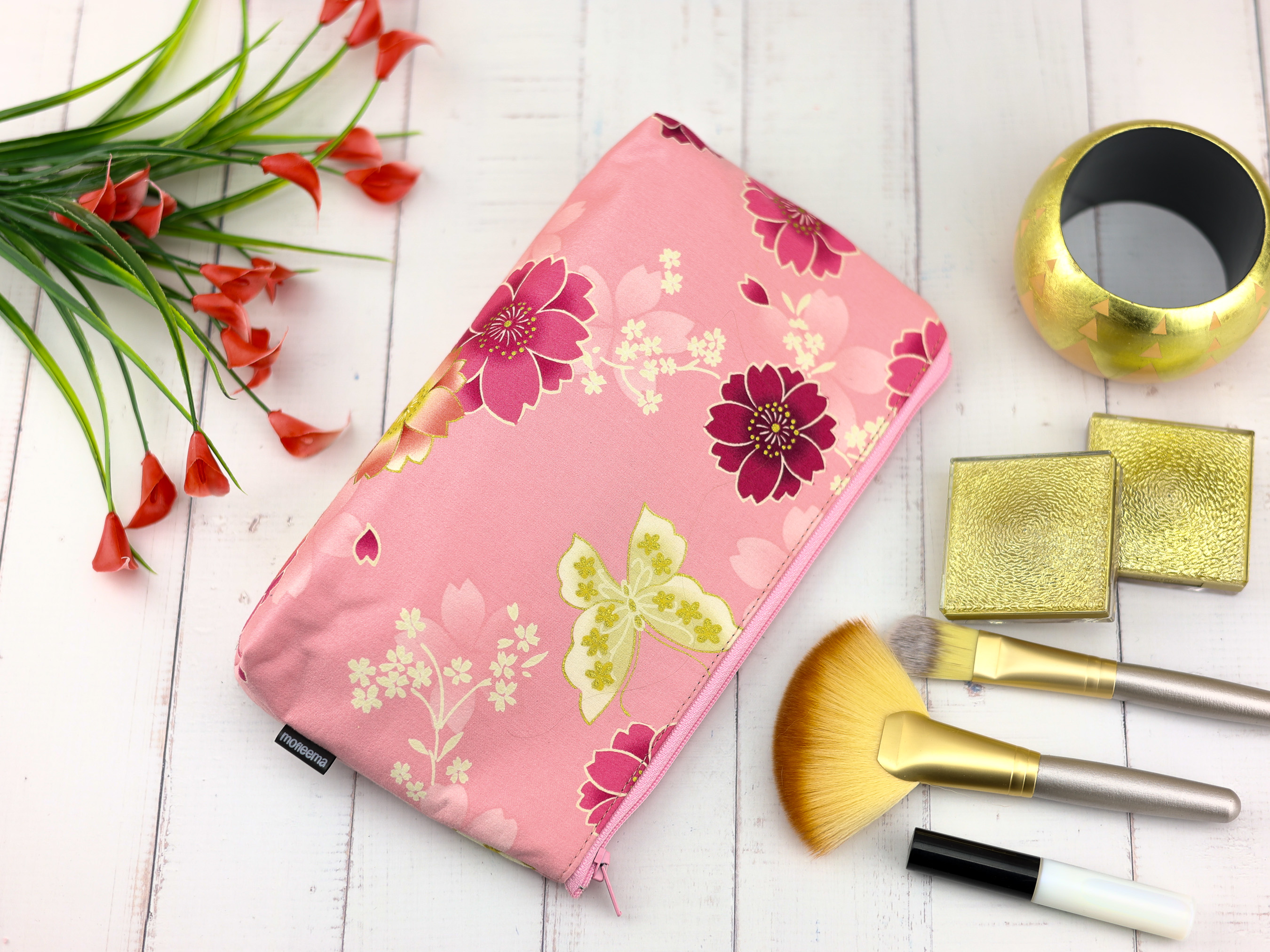 Cherry Blossom and Butterfly Zipper Pouch – Pink Sakura Floral Makeup Bag, Japanese Gift Idea