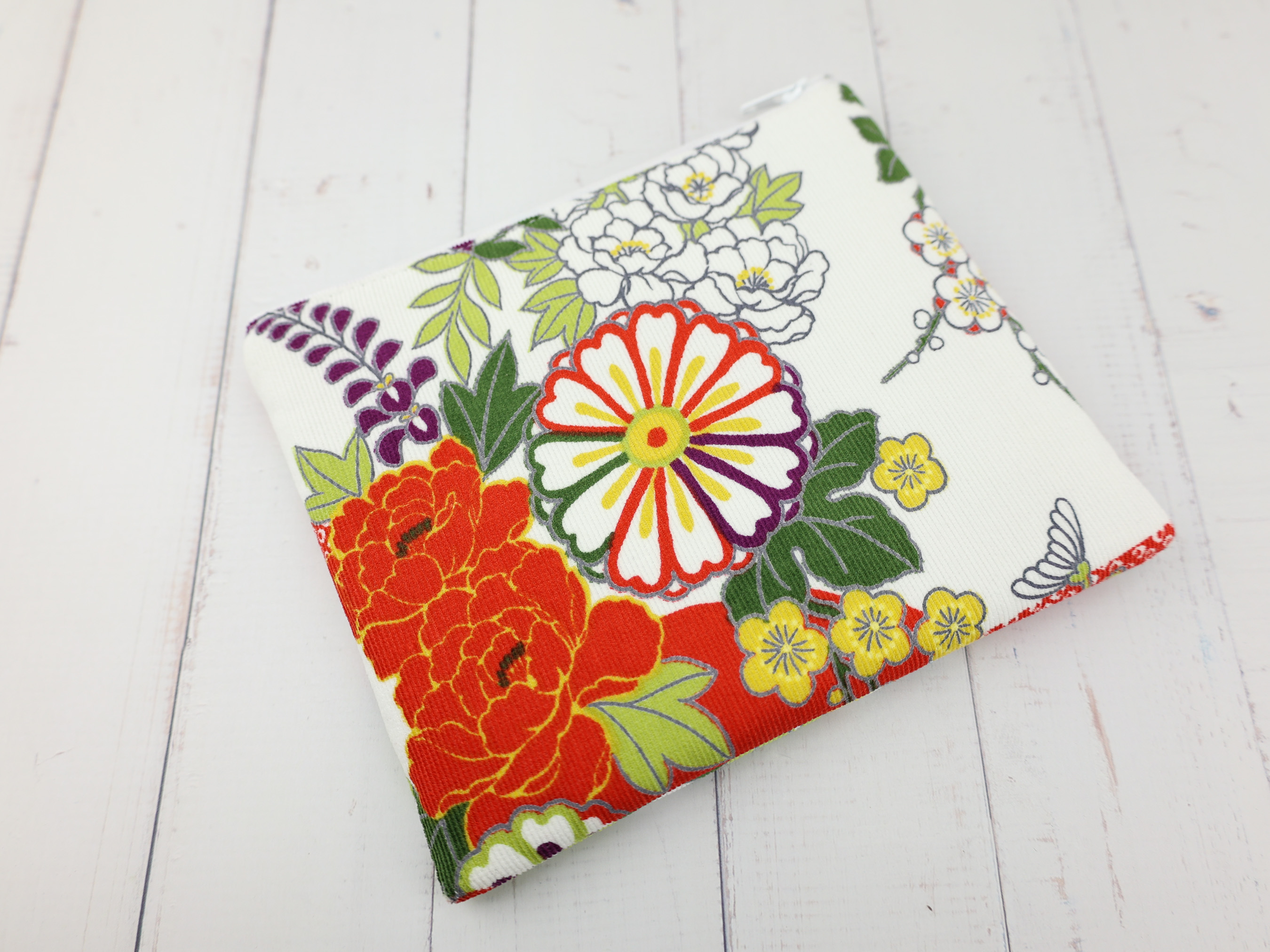 Elegant Japanese Kimono Floral Zipper Pouch, Chrysanthemum Peony Makeup Bag
