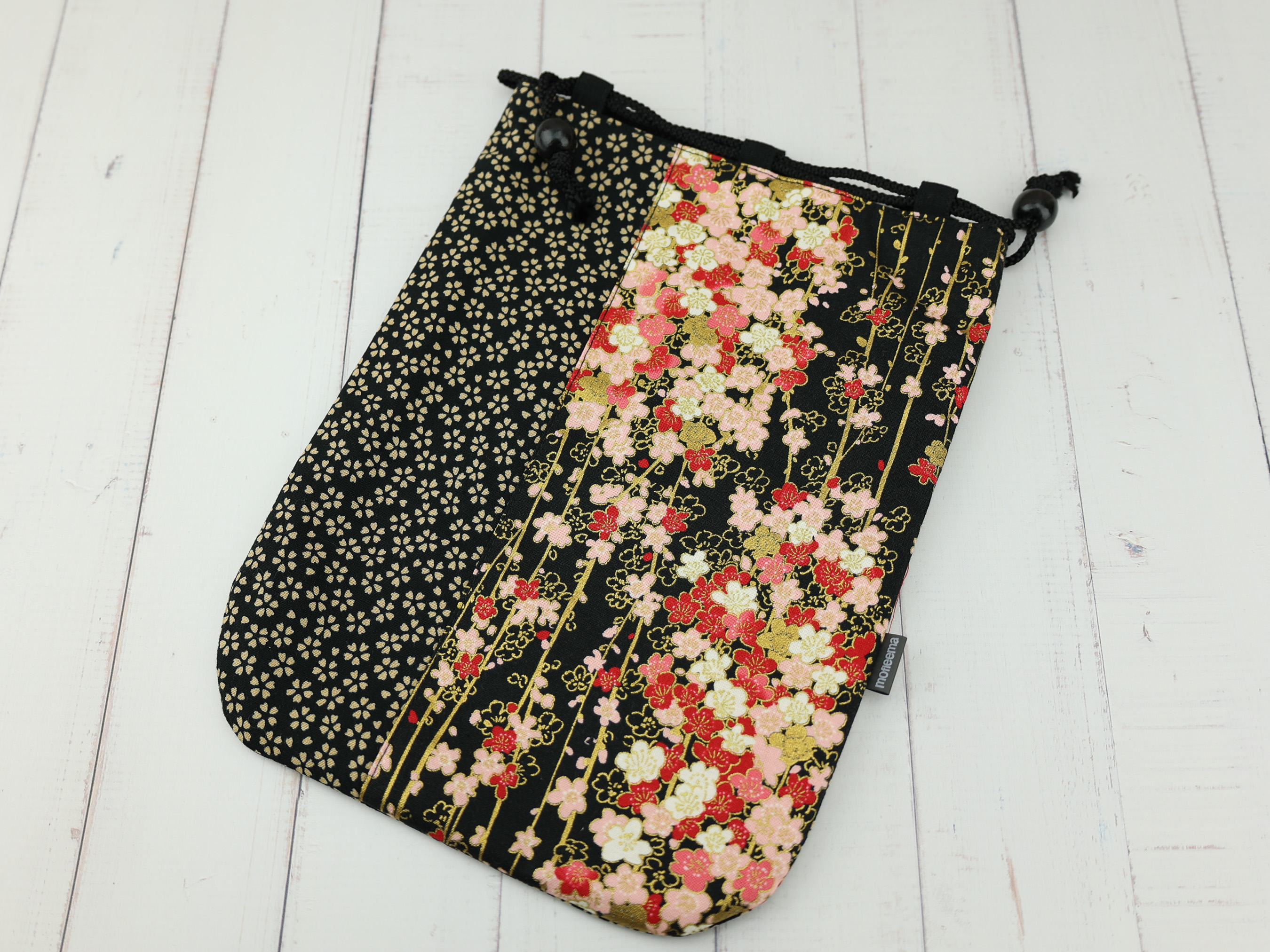 Elegant Sakura Kinchaku Pouch, Black Drawstring Bag with Cherry Blossom Print, Japanese Gift Bag