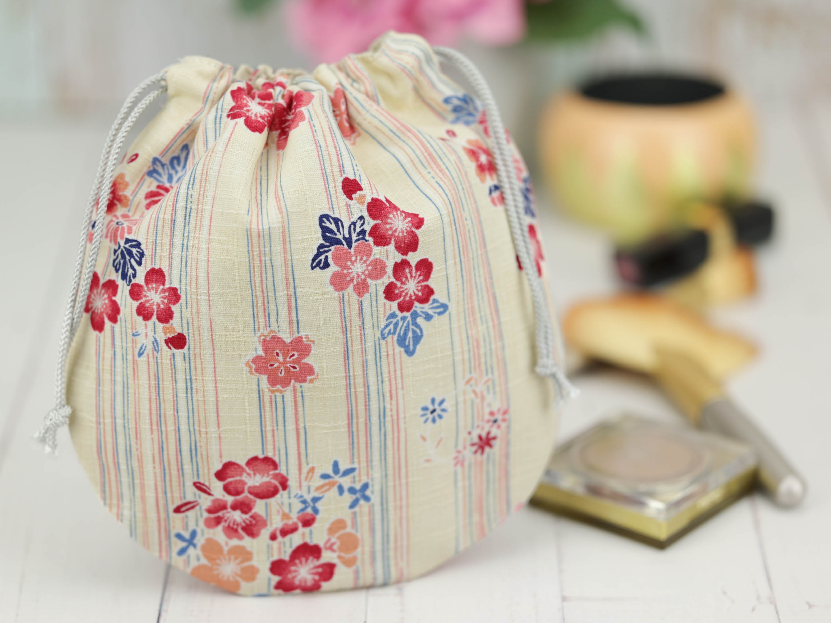Kimono Drawstring Pouch: Japanese Cherry Blossom Cotton