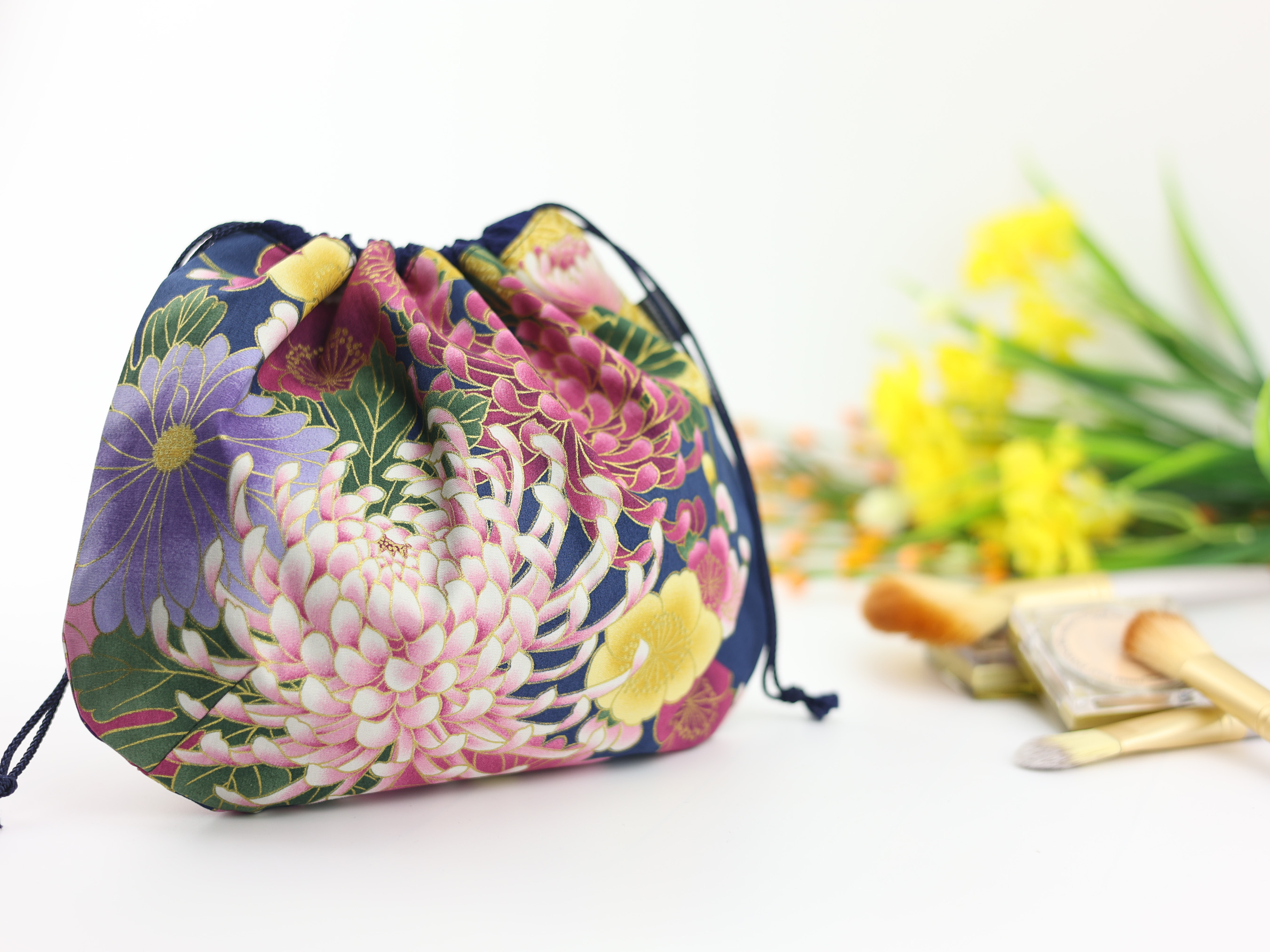 Japanese Chrysanthemum Pouch – Navy Floral Drawstring Bag, Elegant Gift Idea