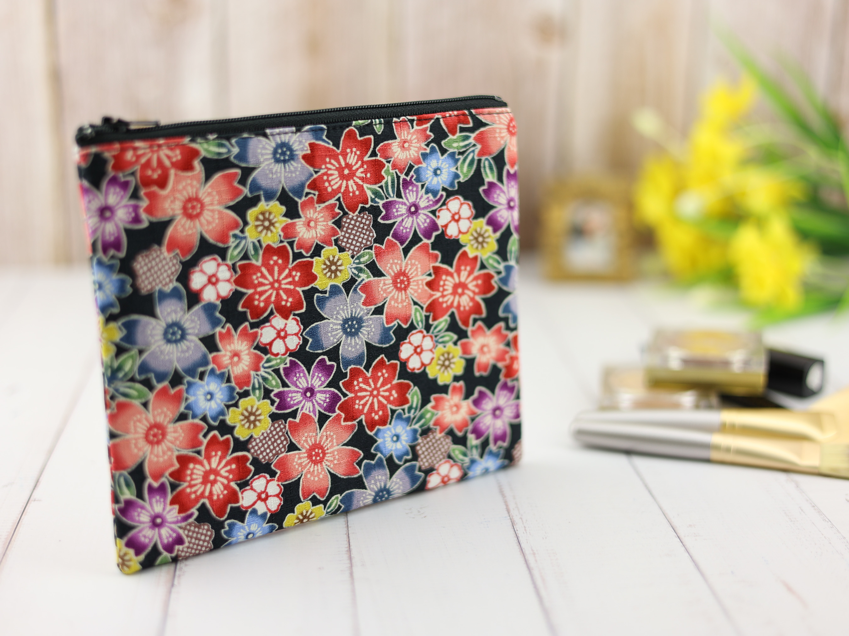 Black Sakura Flower Pouch – Colorful Japanese Zipper Bag with Cherry Blossom & Ume Motifs