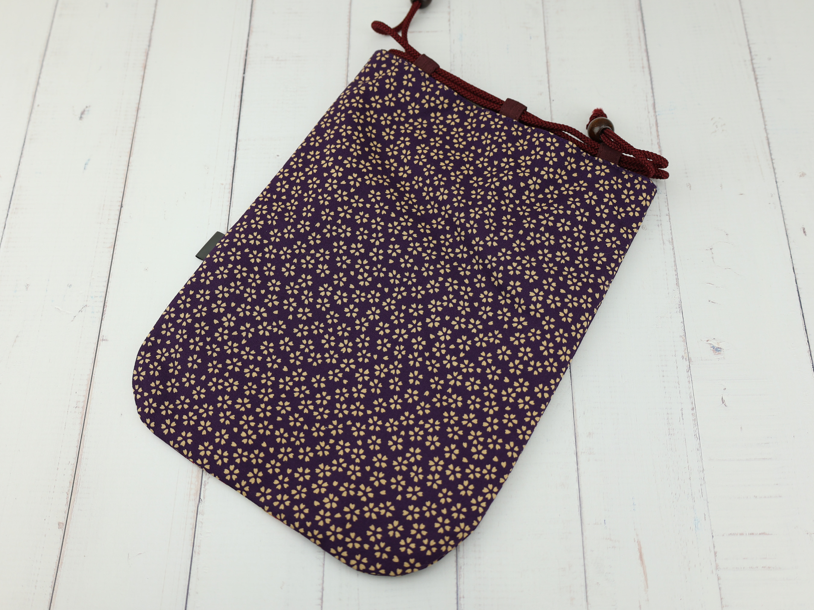 Japanese Diamond Patchwork Kinchaku Pouch, Chrysanthemum Floral Drawstring Bag, Purple Gift Bag