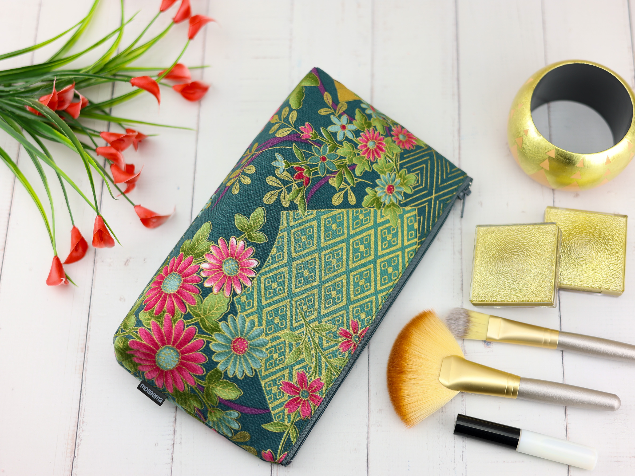 Fan and Chrysanthemum Zipper Pouch – Japanese Floral Makeup Bag, Green Cotton Gift for Her
