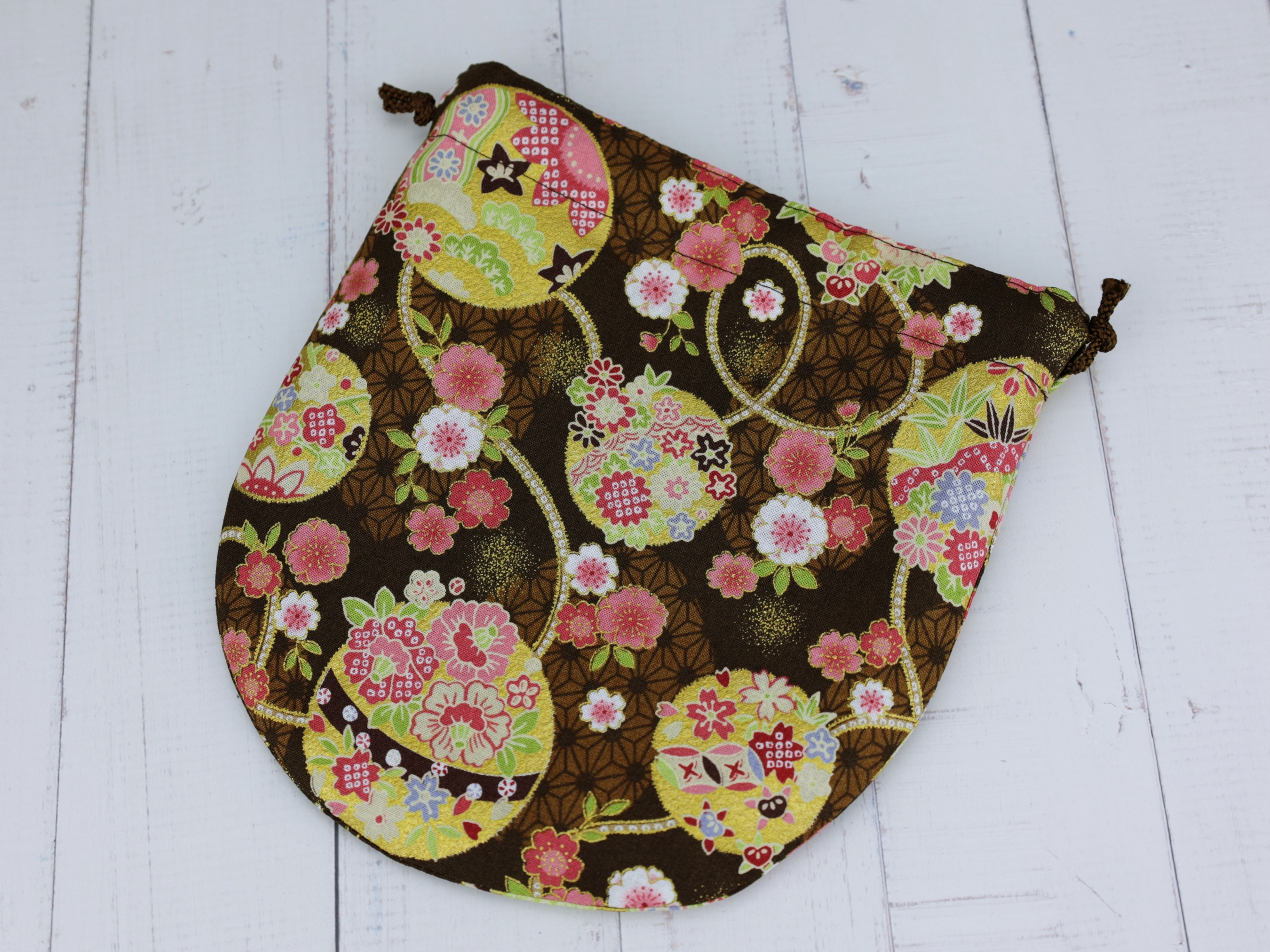 Cotton Fabric Drawstring Bag, Bridesmaids Gift, Japanese Kimono Pouch, Chrysanthemum, Brown