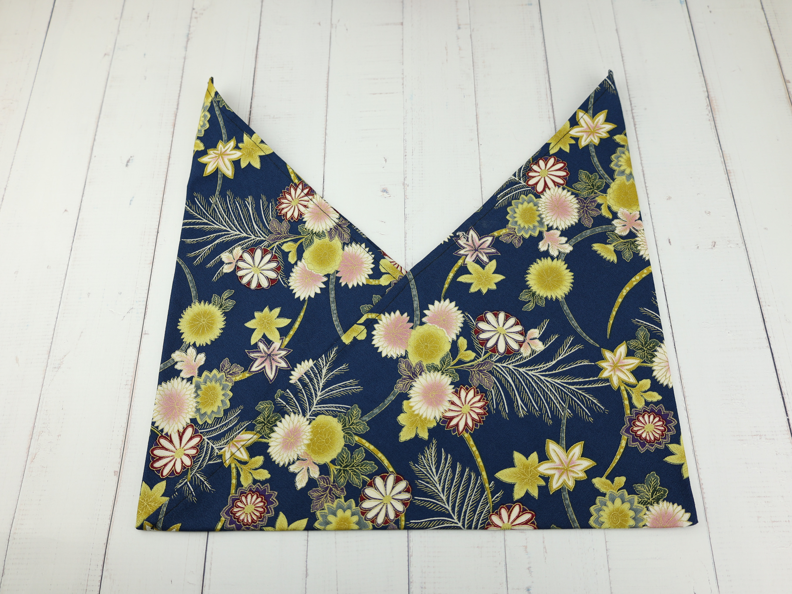 Japanese Azuma Bag – Navy Floral Chrysanthemum Fabric, Unlined Cotton Eco Tote, Handmade in Canada