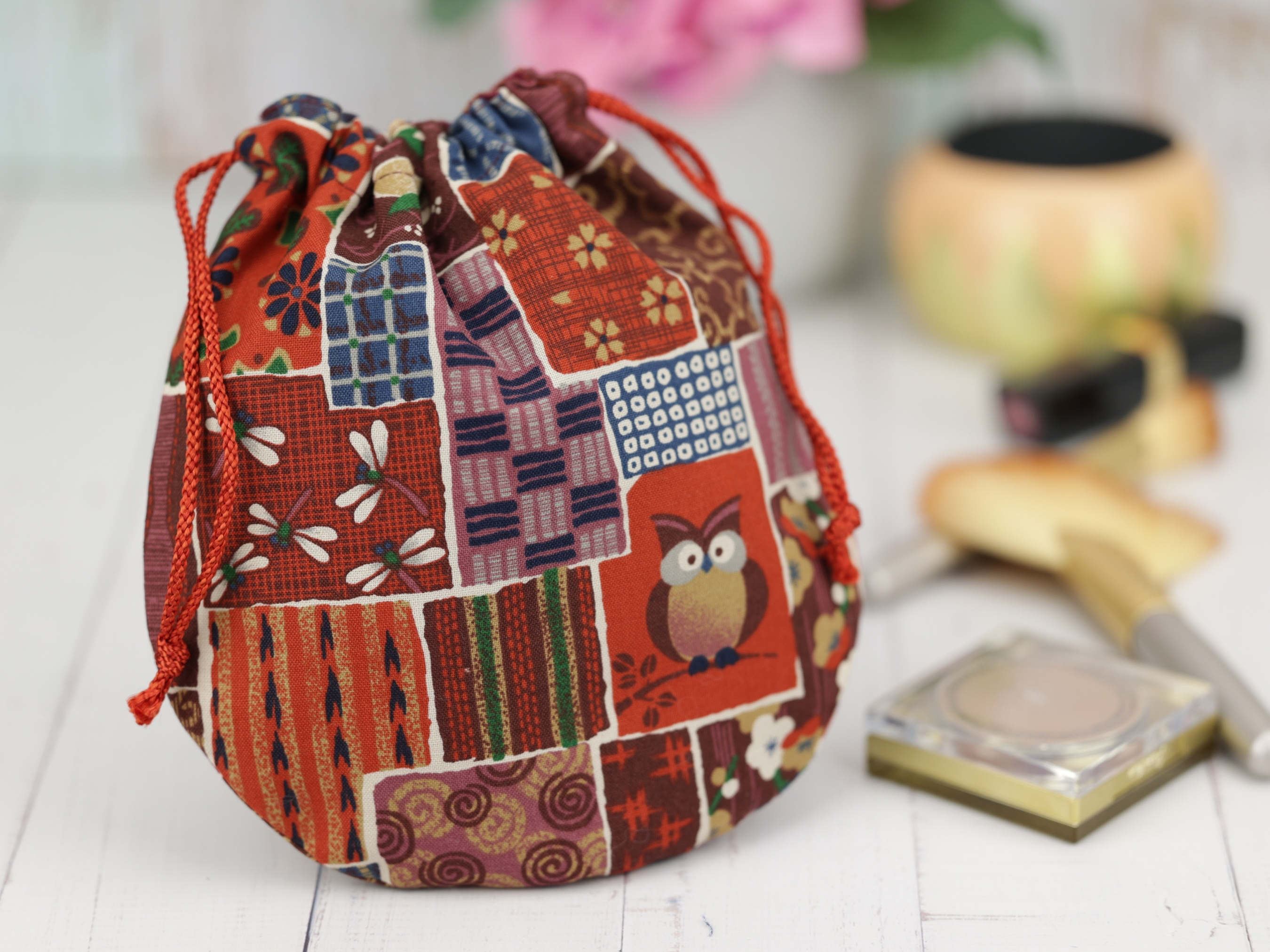Handmade Japanese Cotton Drawstring Pouch: Owl Print