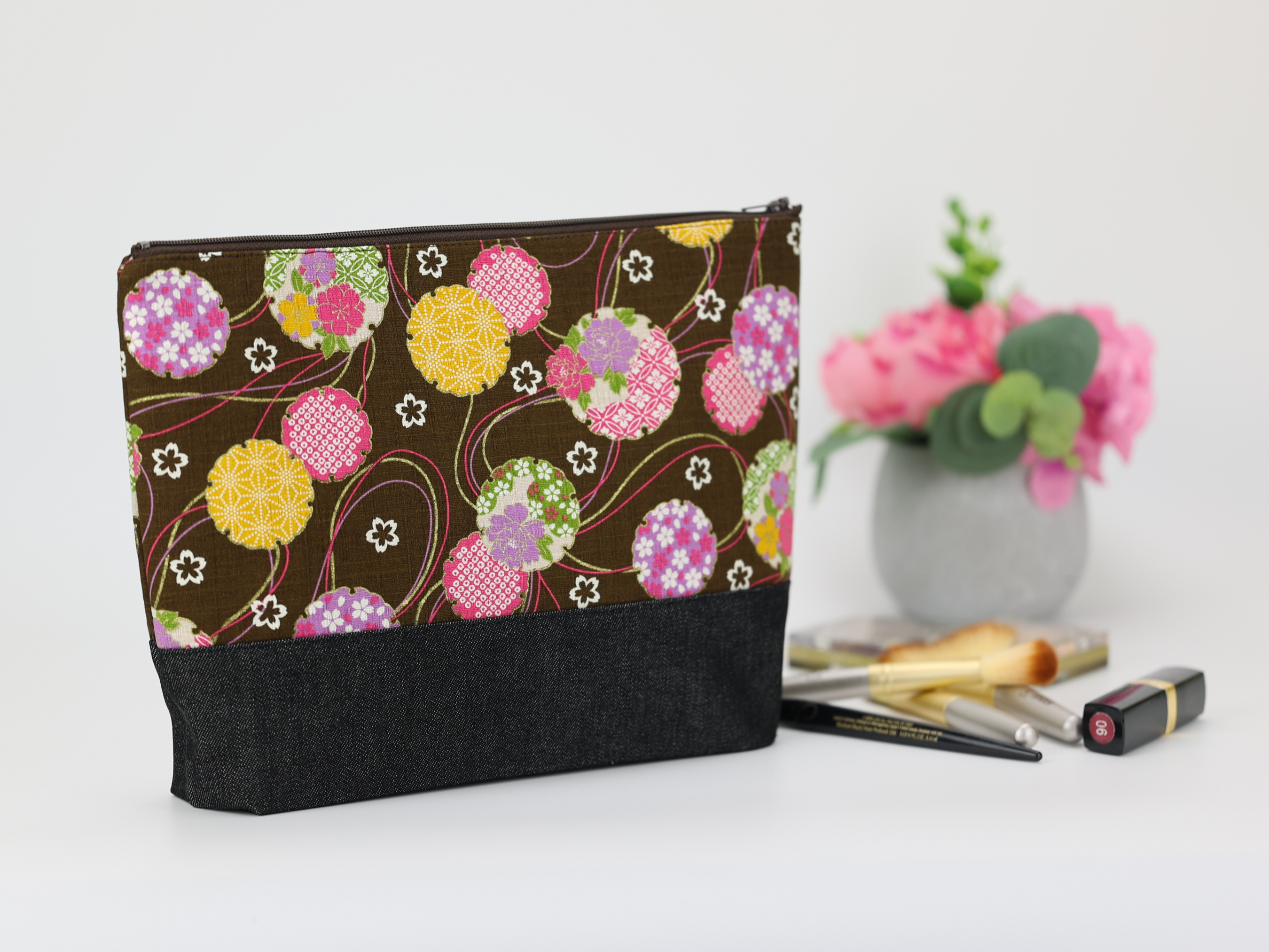 Large Cosmetic Pouch: Japanese Kimono Print Travel Makeup Bag