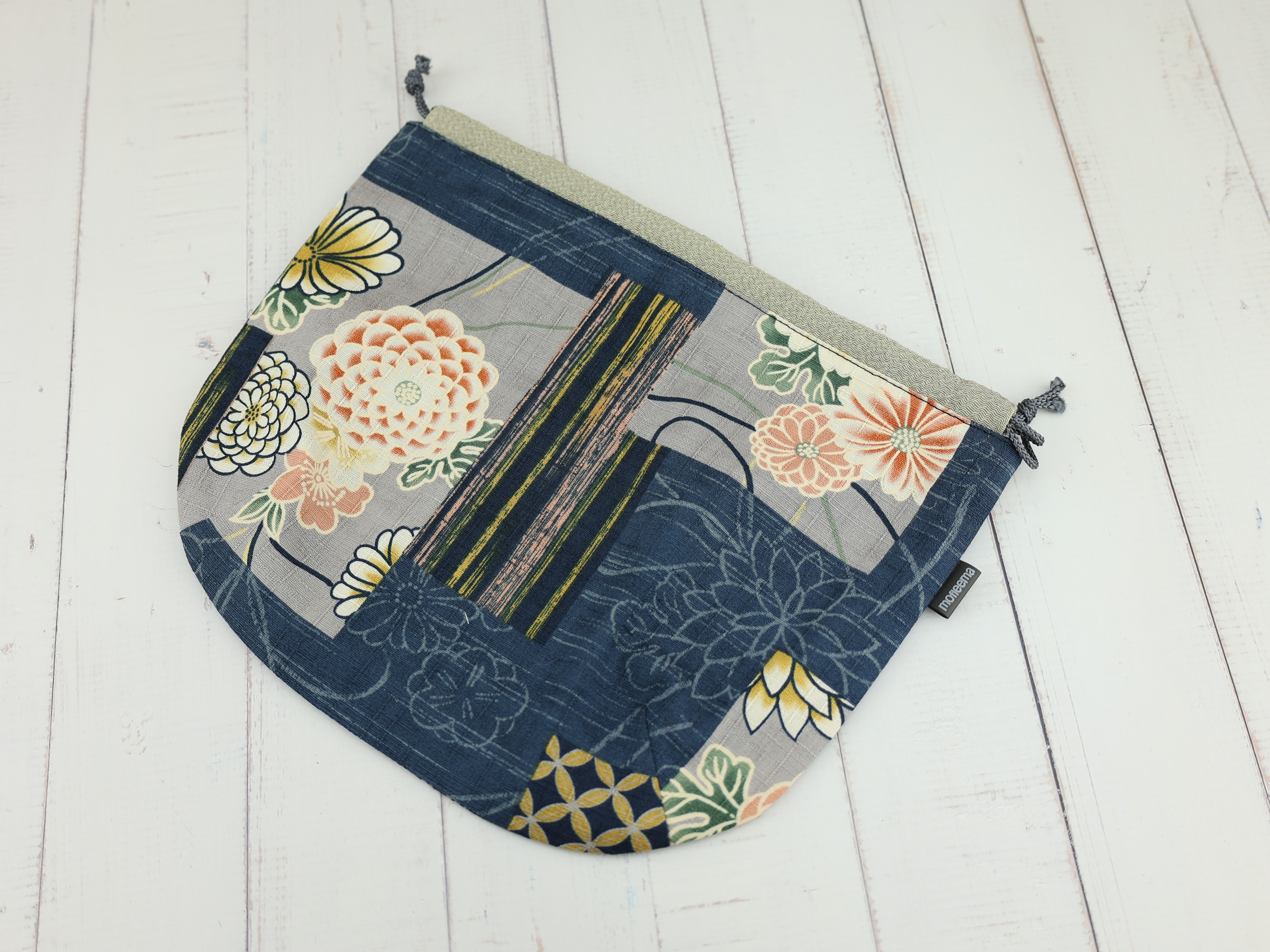 Japanese Chrysanthemum Pouch – Indigo Floral Drawstring Bag, Kimono-Inspired Gift