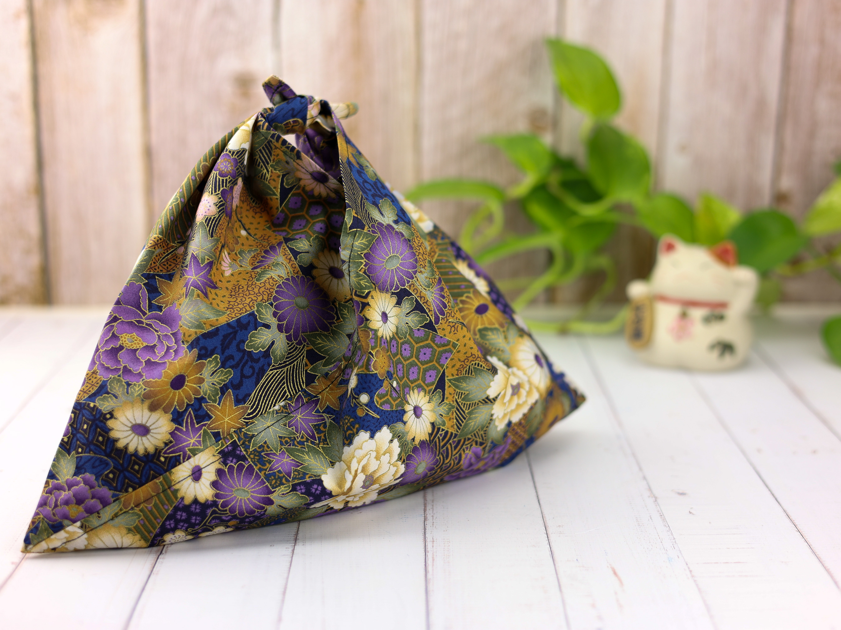 Japanese Azuma Bag – Purple Peony & Chrysanthemum Fabric, Unlined Cotton Tote, Handmade in Canada