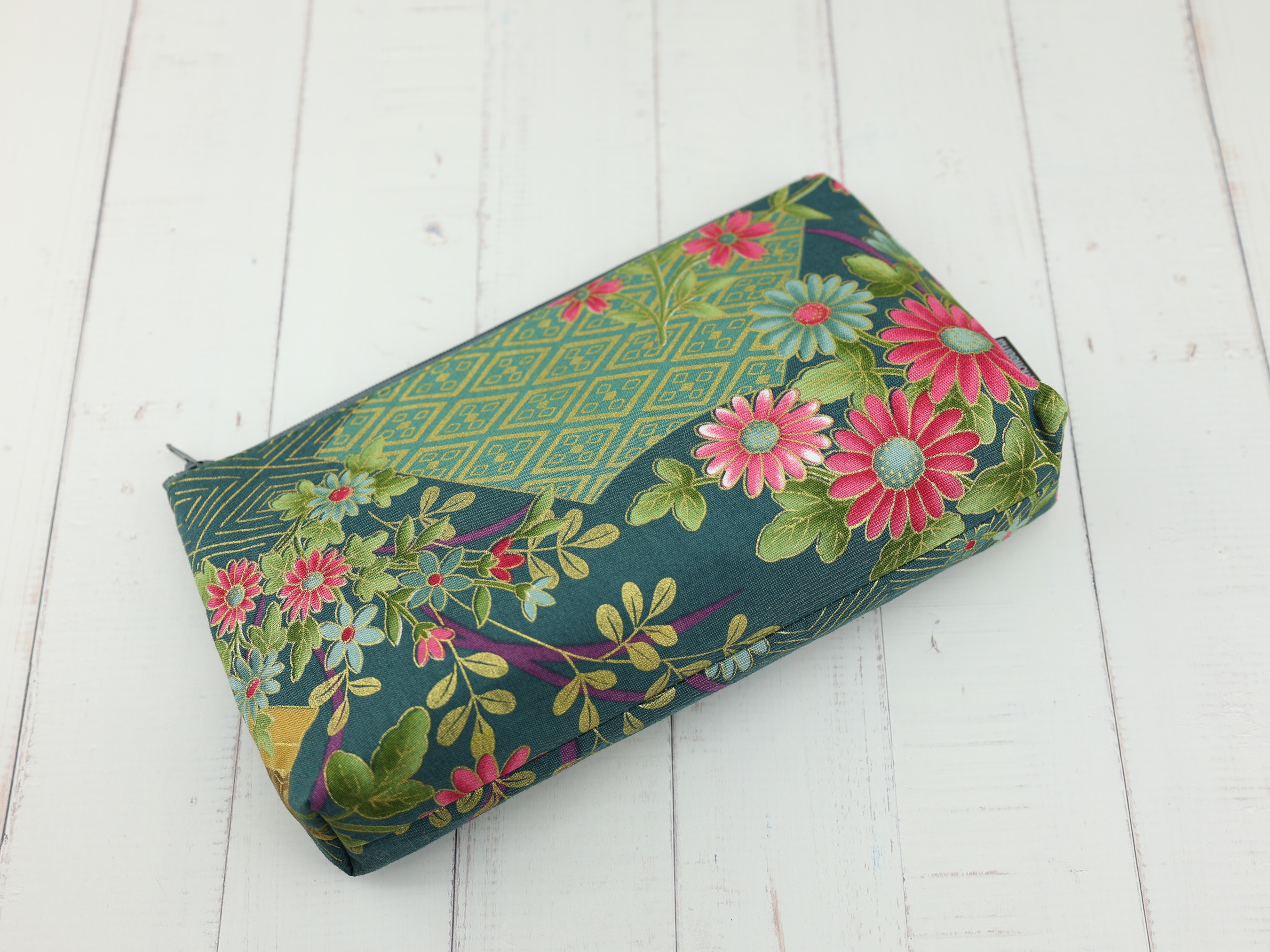 Fan and Chrysanthemum Zipper Pouch – Japanese Floral Makeup Bag, Green Cotton Gift for Her