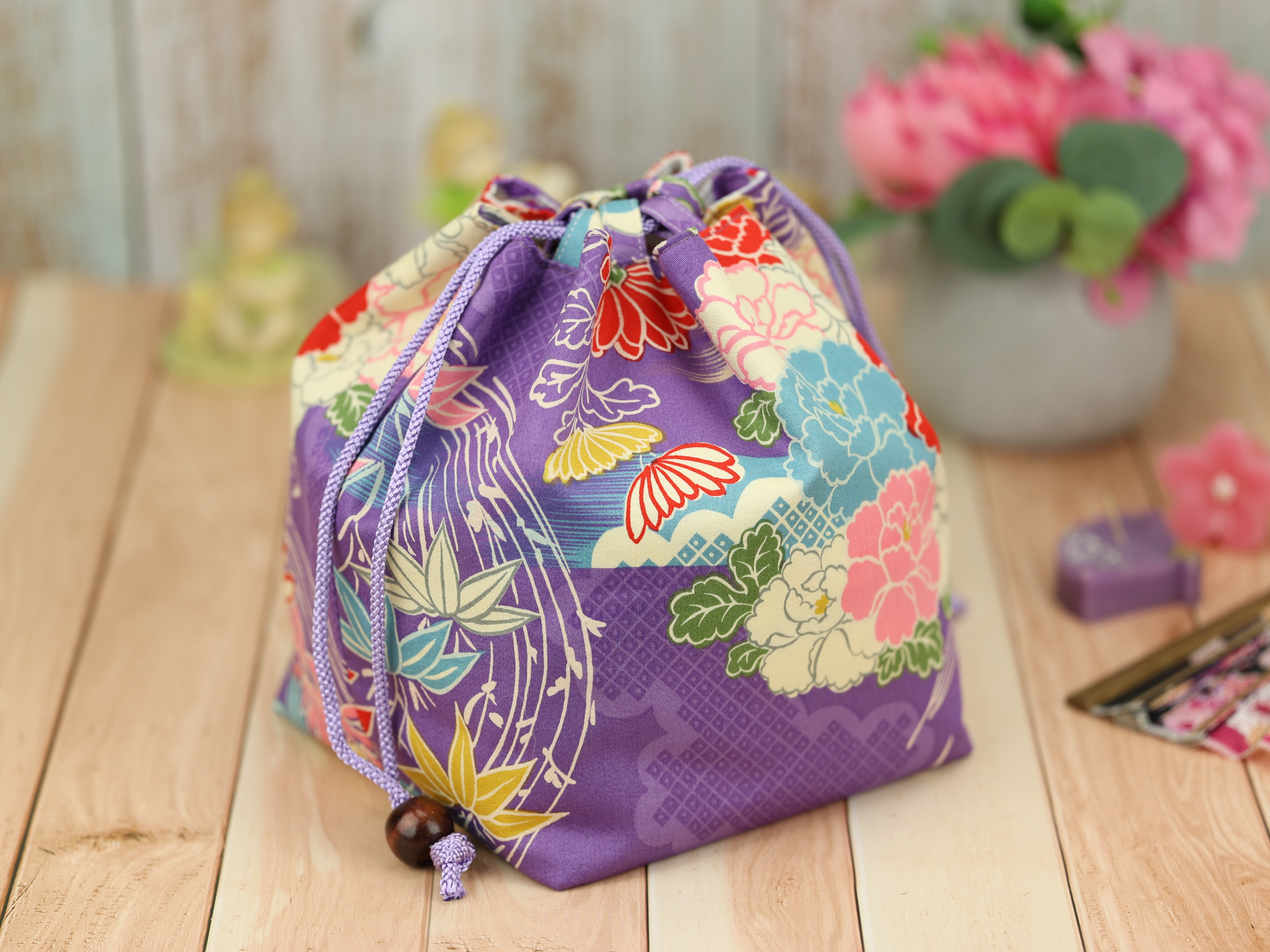 Kimono Fabric Drawstring Pouch: Handmade Cotton Makeup Bag Peony Purple