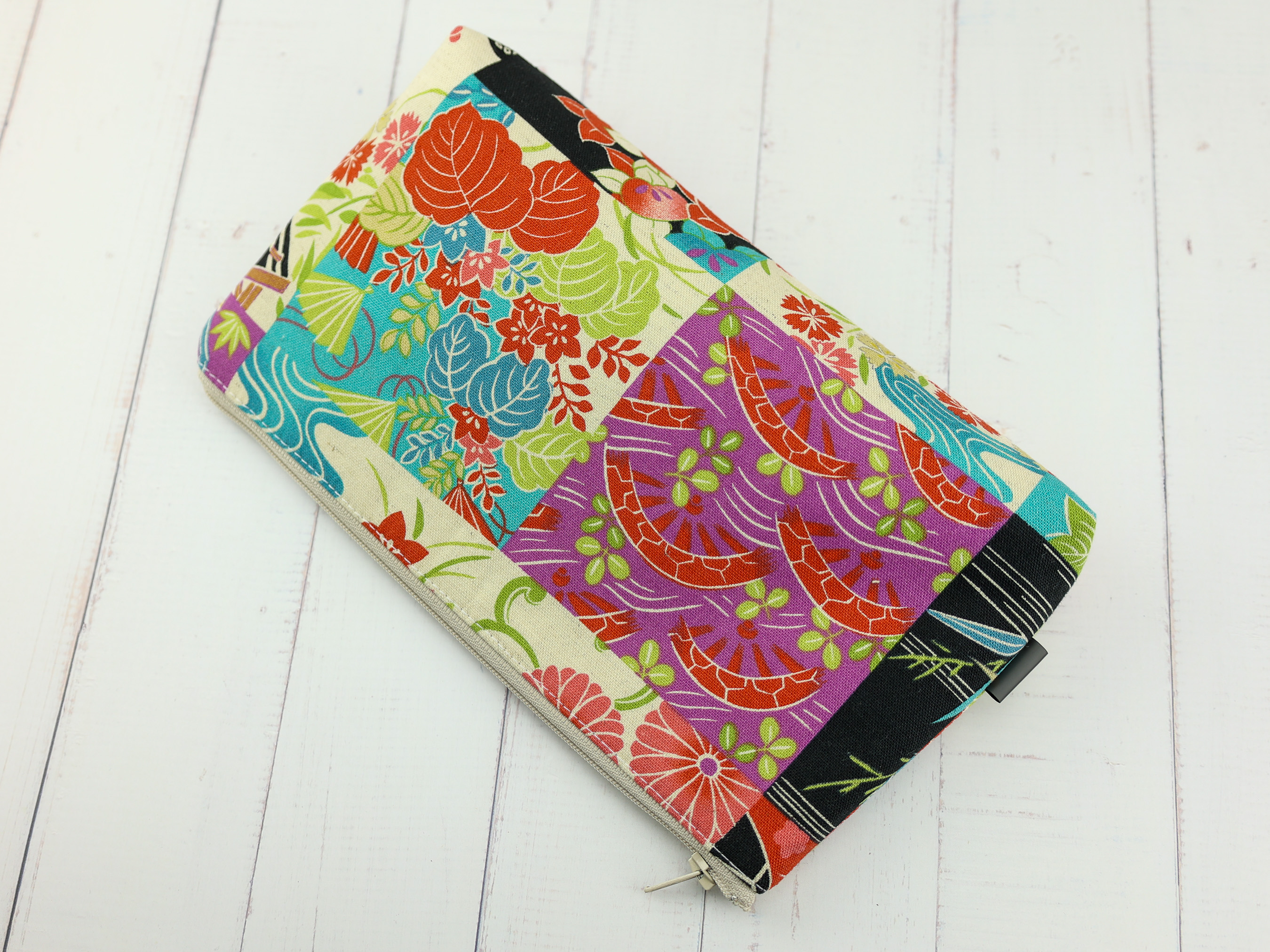 Patchwork Pattern Pouch – Bamboo, Peony Japanese Fabrics, Colorful Clutch, Handmade Zipper Bag