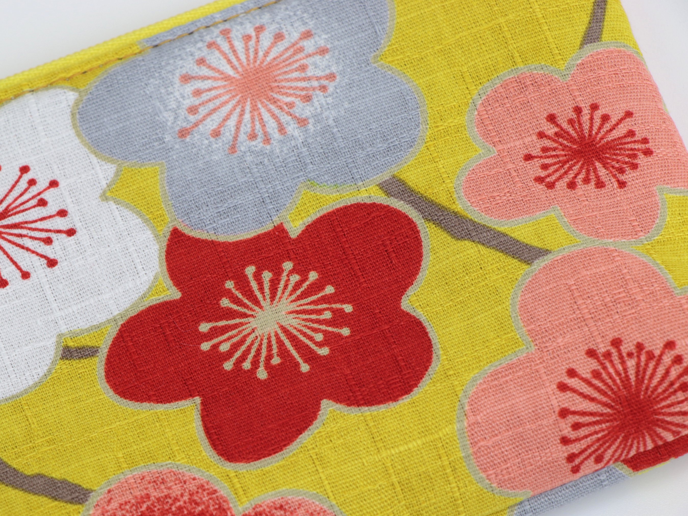 Lip Balm Pouch, Business Card Holder, Coin Purse Kimono Cotton Fabric, Plum Blossoms Mustard