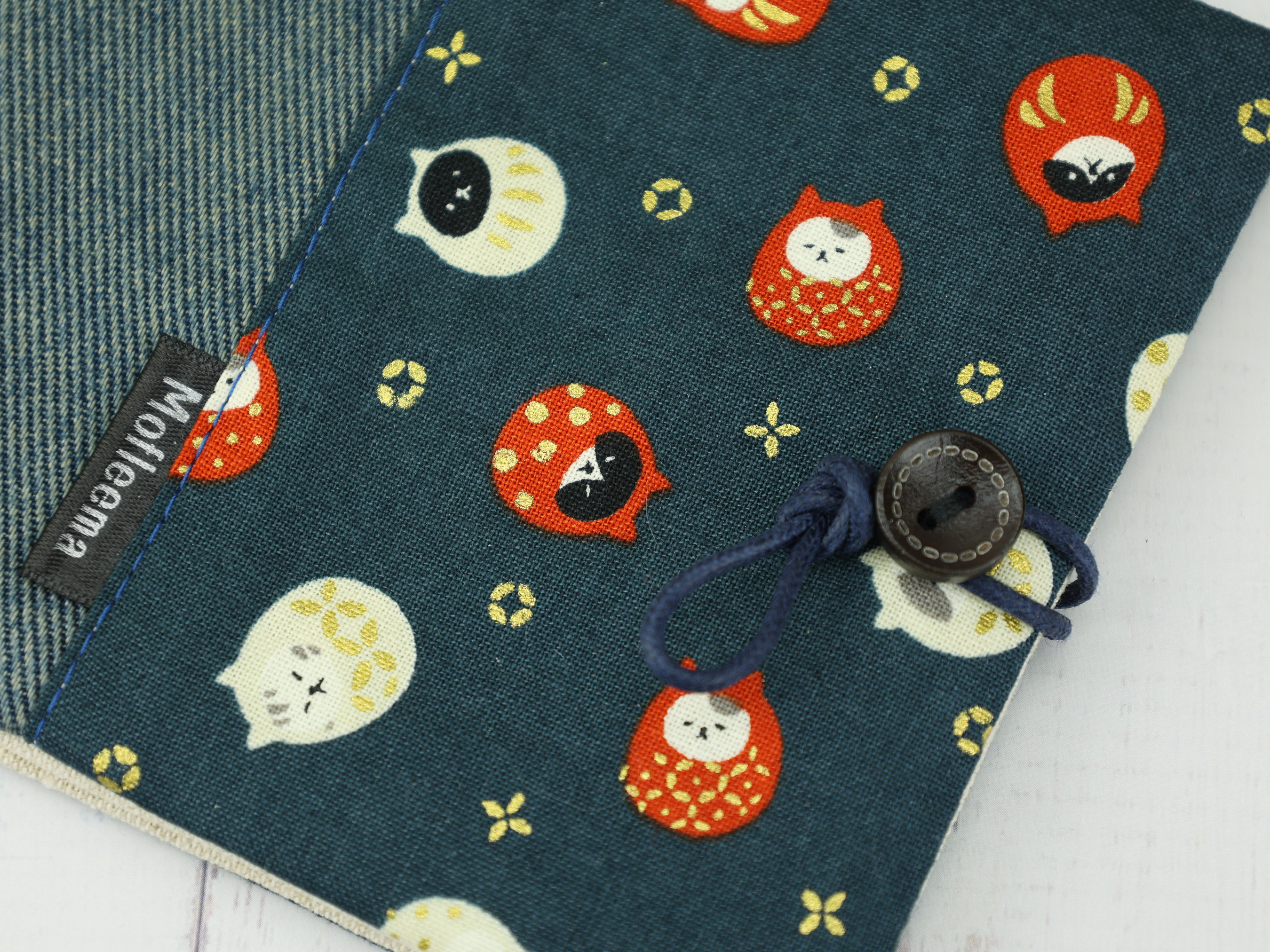 Daruma Cat Period Pouch – Japanese Lucky Kitty Fabric with Denim and Button Closure, Handmade Gift