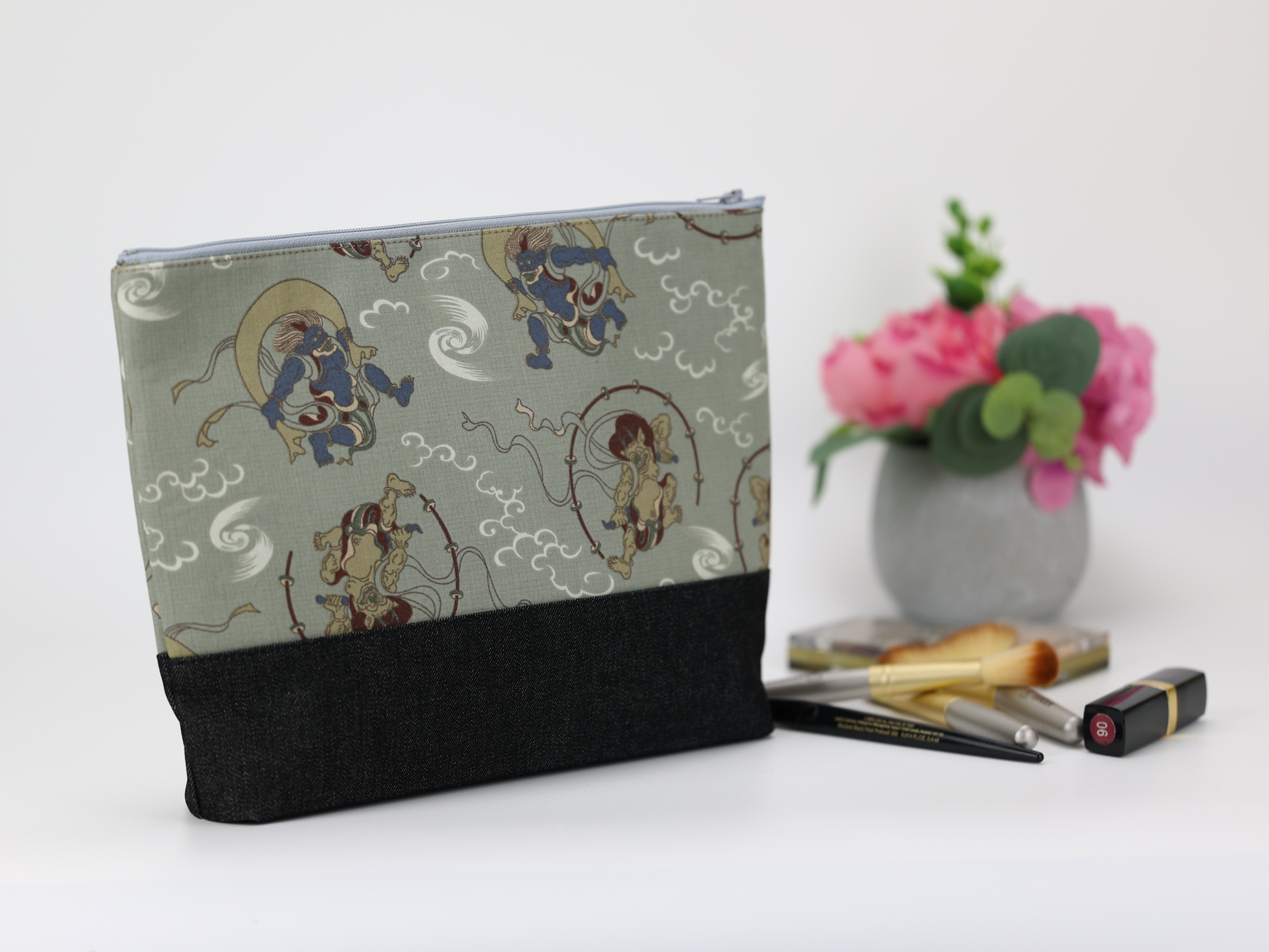 Large Kimono Cosmetic Bag: Japanese Fujin Raijin Print Travel Pouch