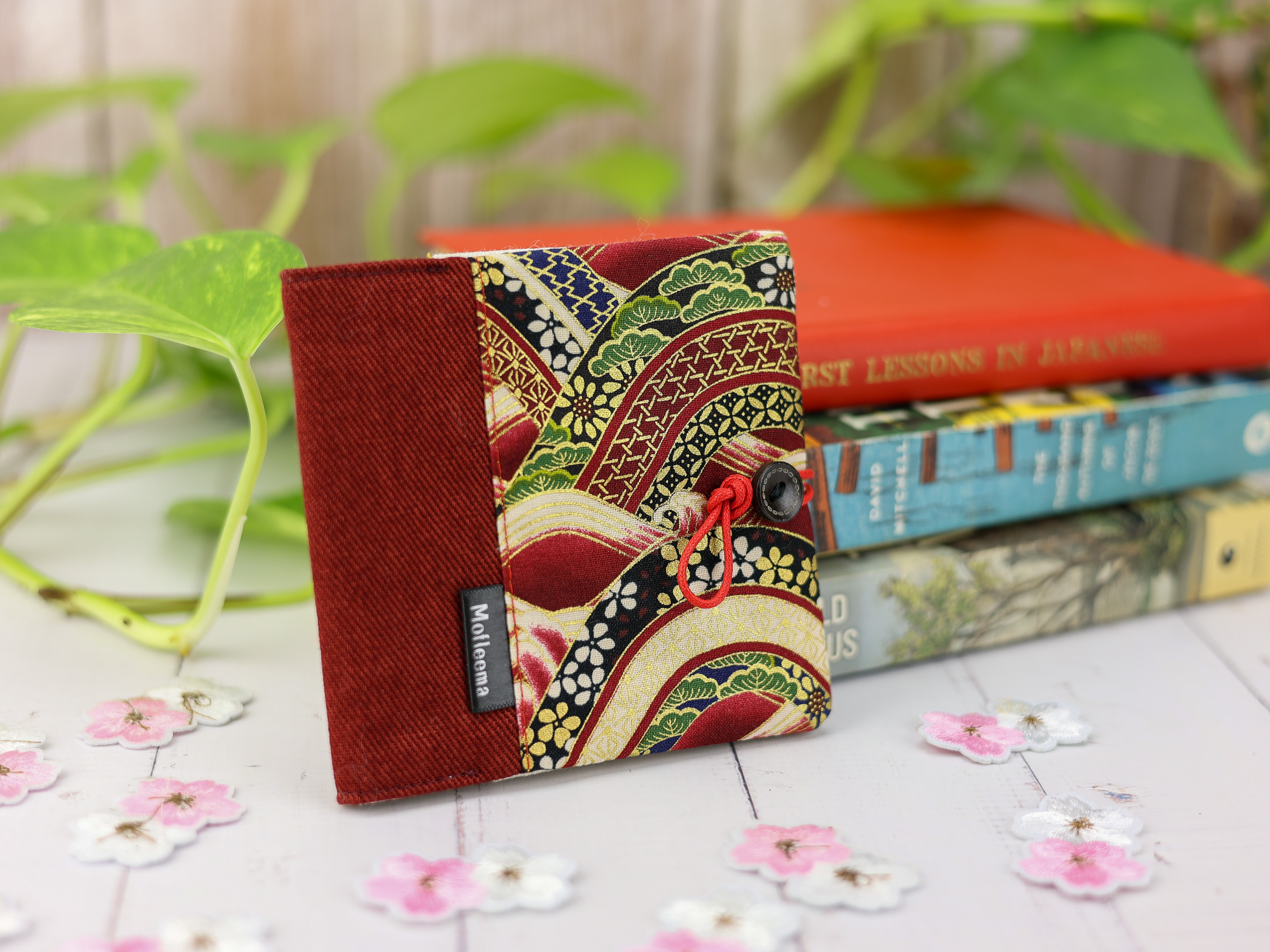 Japanese Seigaiha Pad Holder – Red and Gold Wave Pattern Pouch with Button & Cord Closure