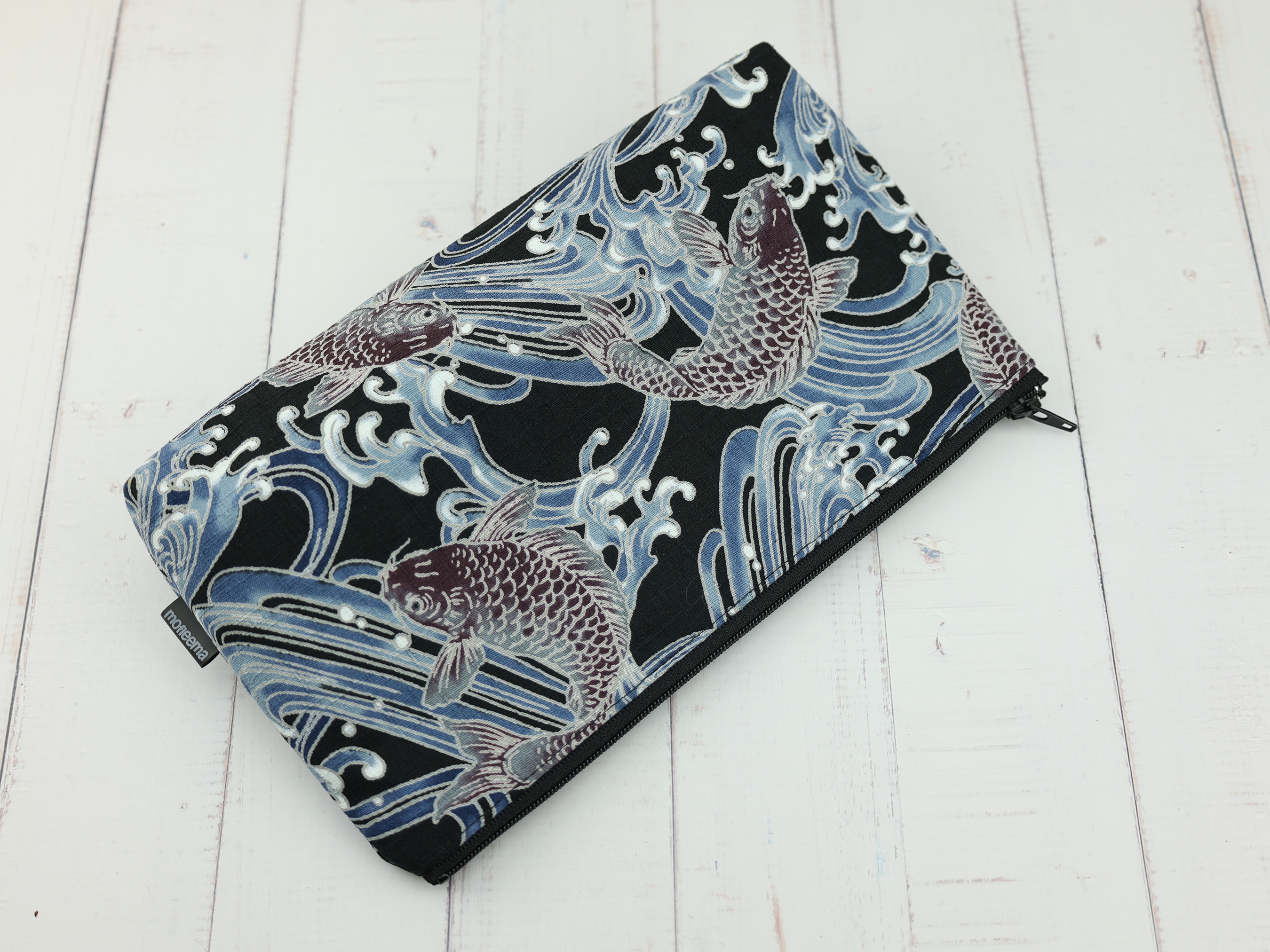 Japanese Koi Fish Wave Zipper Pouch – Cotton Makeup Bag, Washi-Inspired Pattern, Handmade Gift