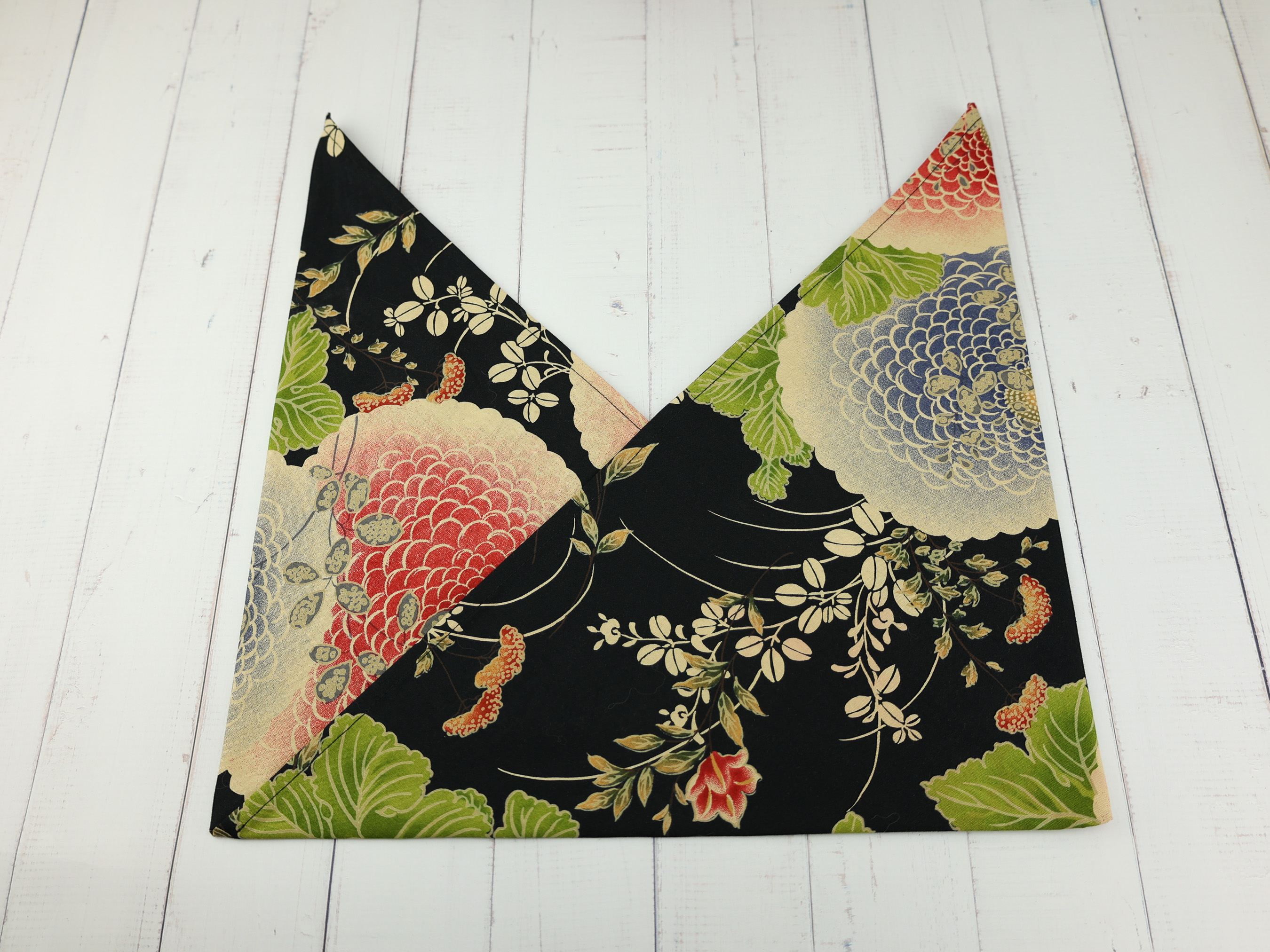 Japanese Azuma Bag – Black Chrysanthemum Fabric, Unlined Cotton Eco Tote, Handmade in Canada