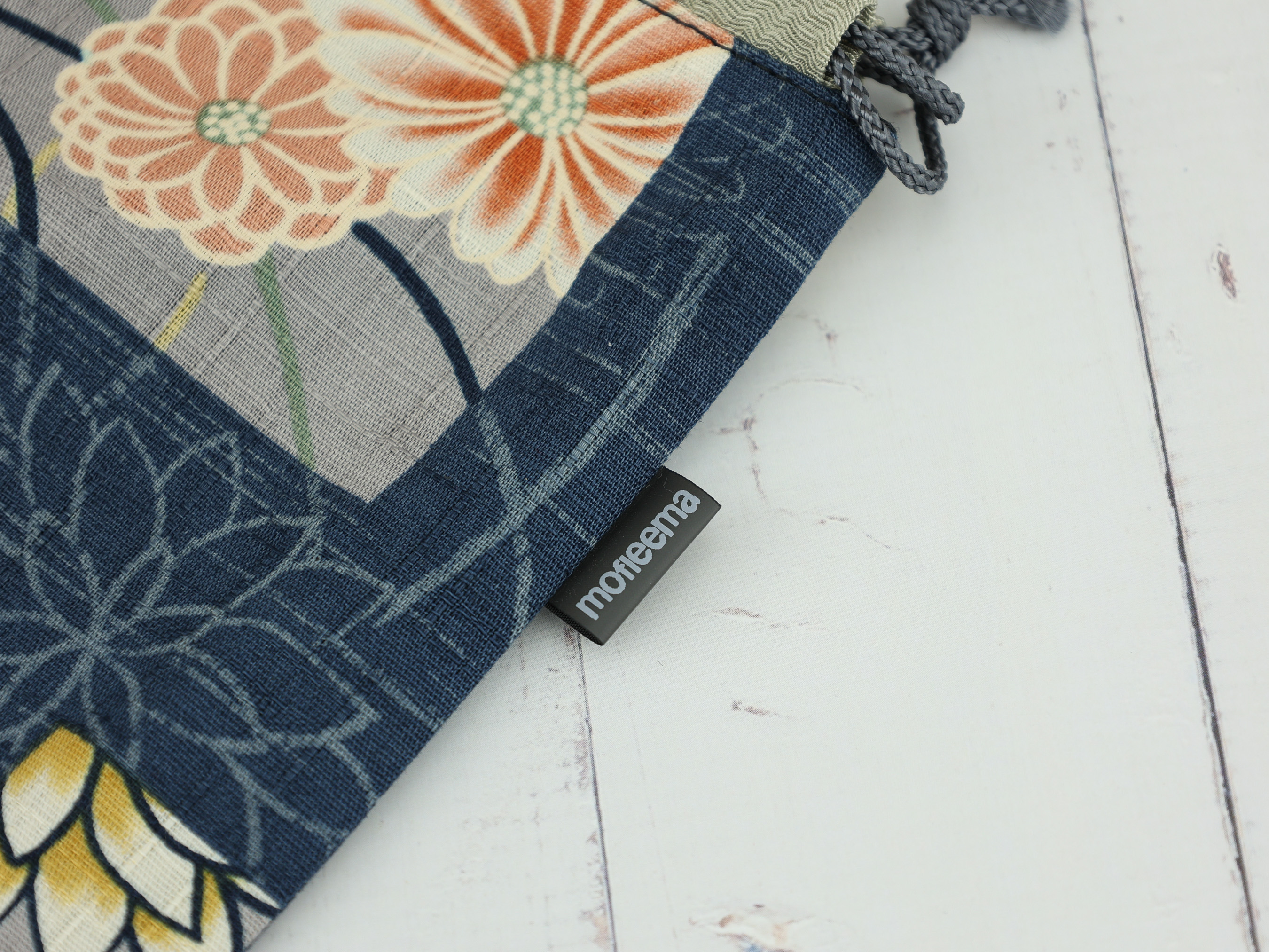 Japanese Chrysanthemum Pouch – Indigo Floral Drawstring Bag, Kimono-Inspired Gift