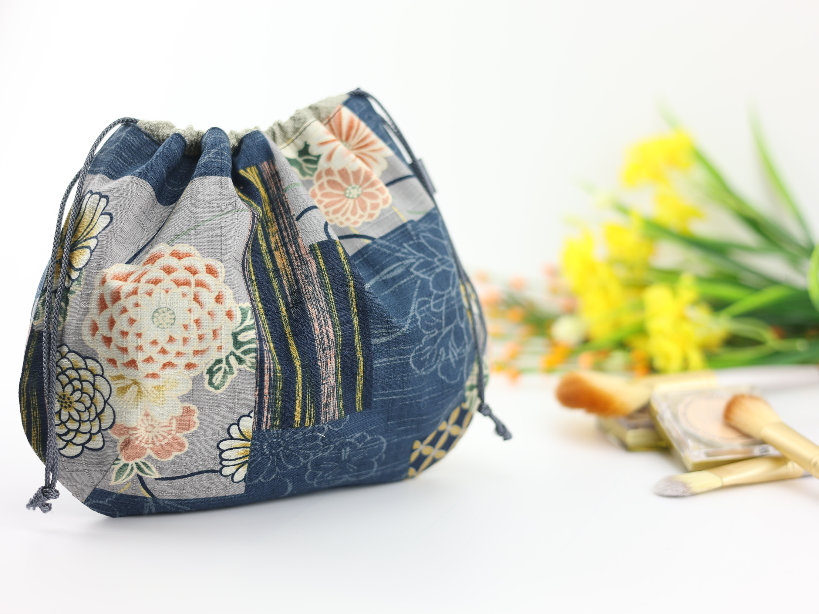 Japanese Chrysanthemum Pouch – Indigo Floral Drawstring Bag, Kimono-Inspired Gift