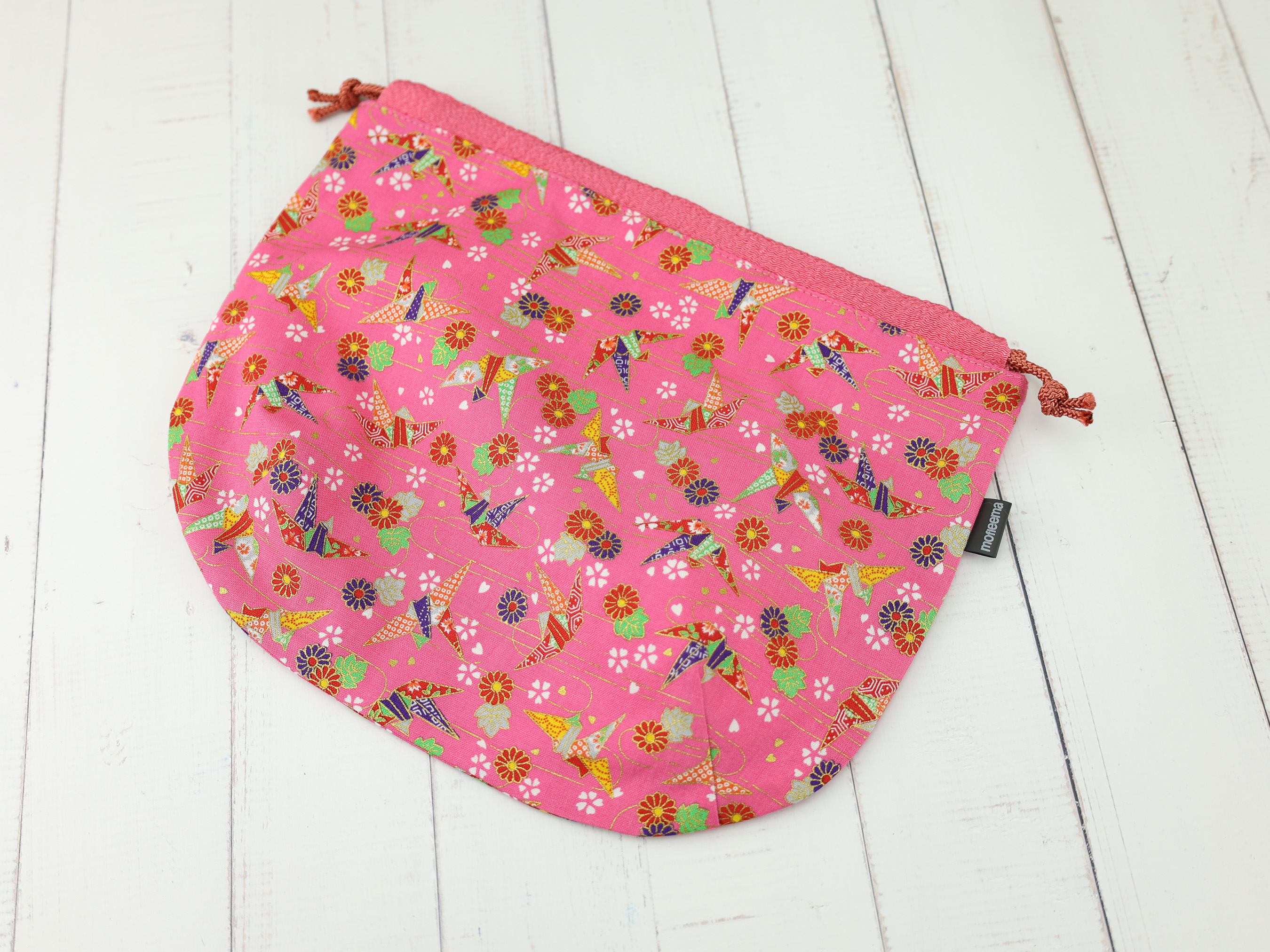 Japanese Origami Crane Pouch – Pink Drawstring Bag with Floral Print