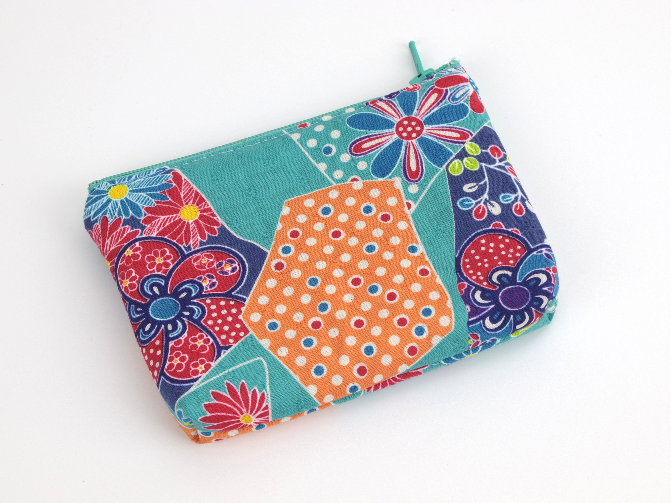 Kimono Cotton Coin Purse: Teal Plum Blossom Zipper Pouch