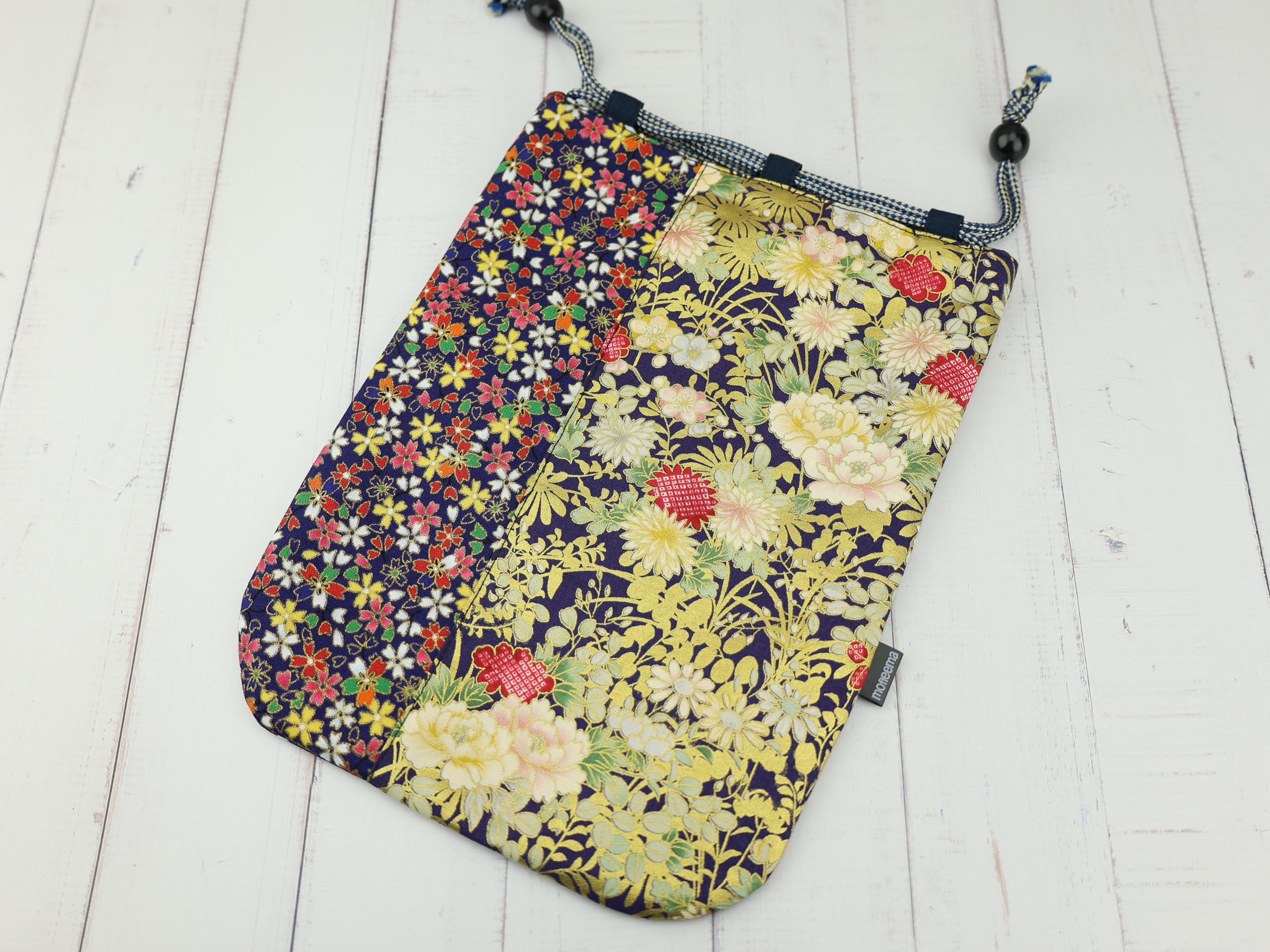 Peony Kinchaku Pouch, Japanese Floral Drawstring Bag, Gold Accents, Handmade Gift Bag