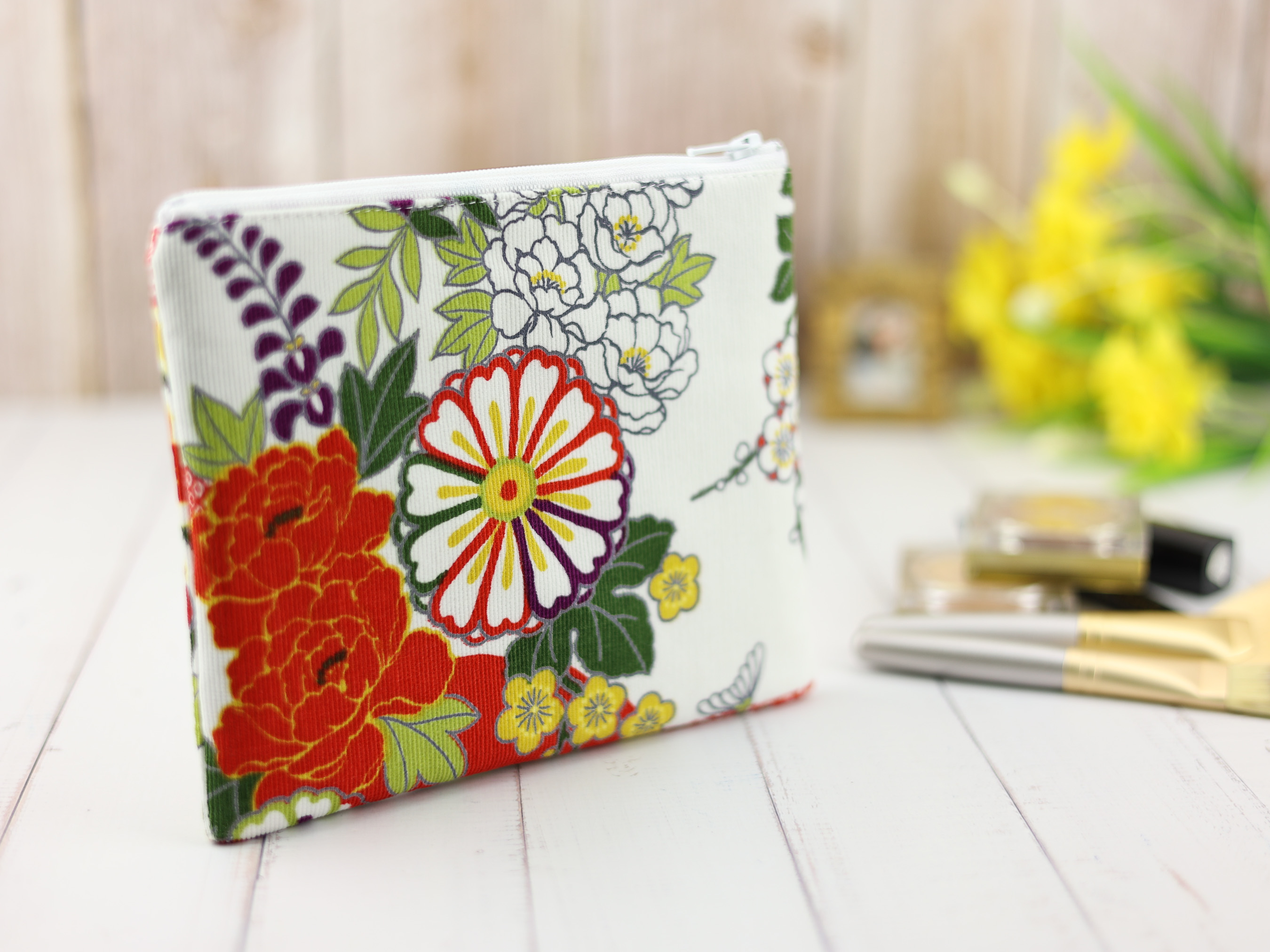 Elegant Japanese Kimono Floral Zipper Pouch, Chrysanthemum Peony Makeup Bag