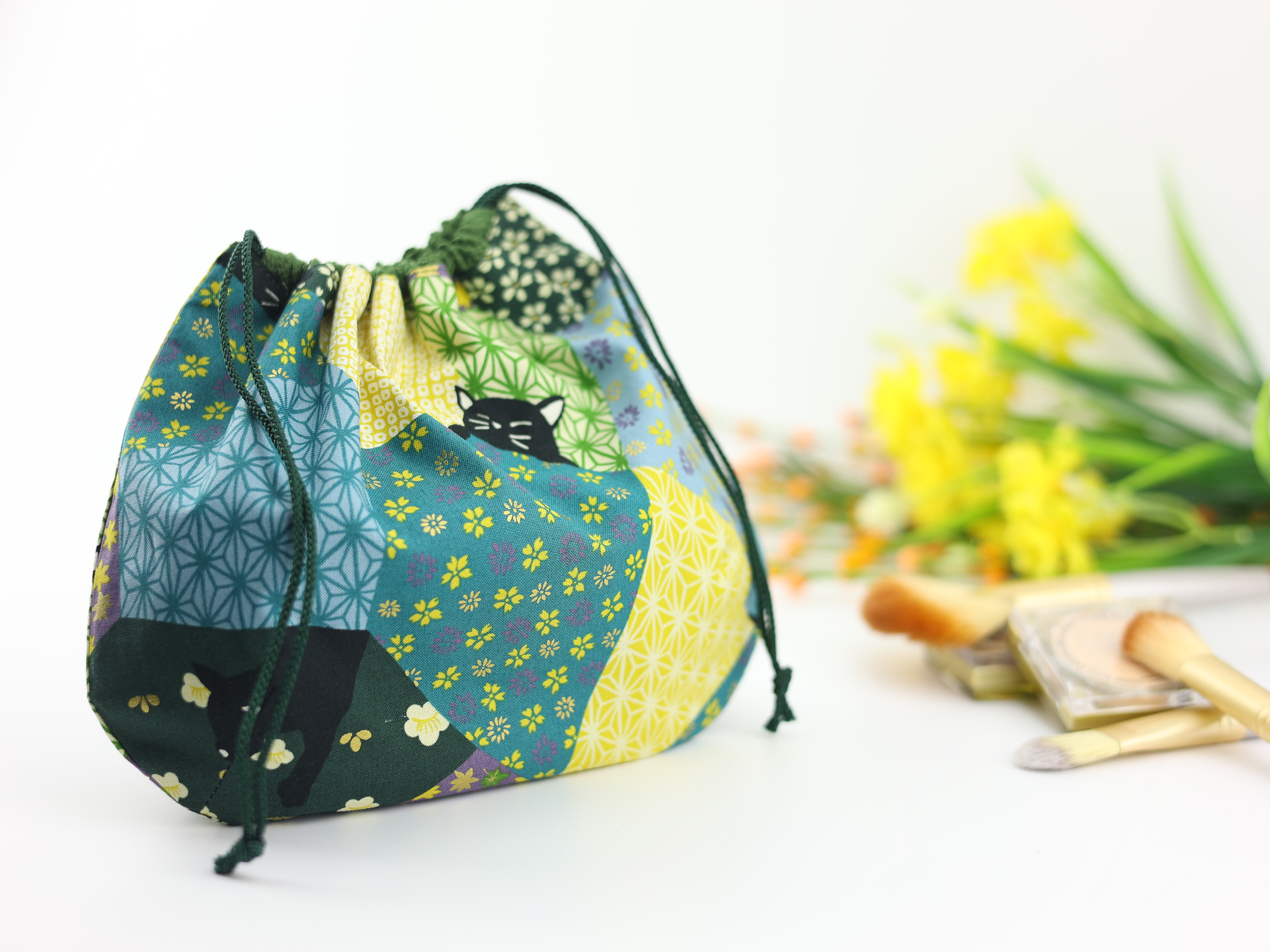 Japanese Cat Pouch – Patchwork Style Drawstring Bag, Kawaii Gift Idea
