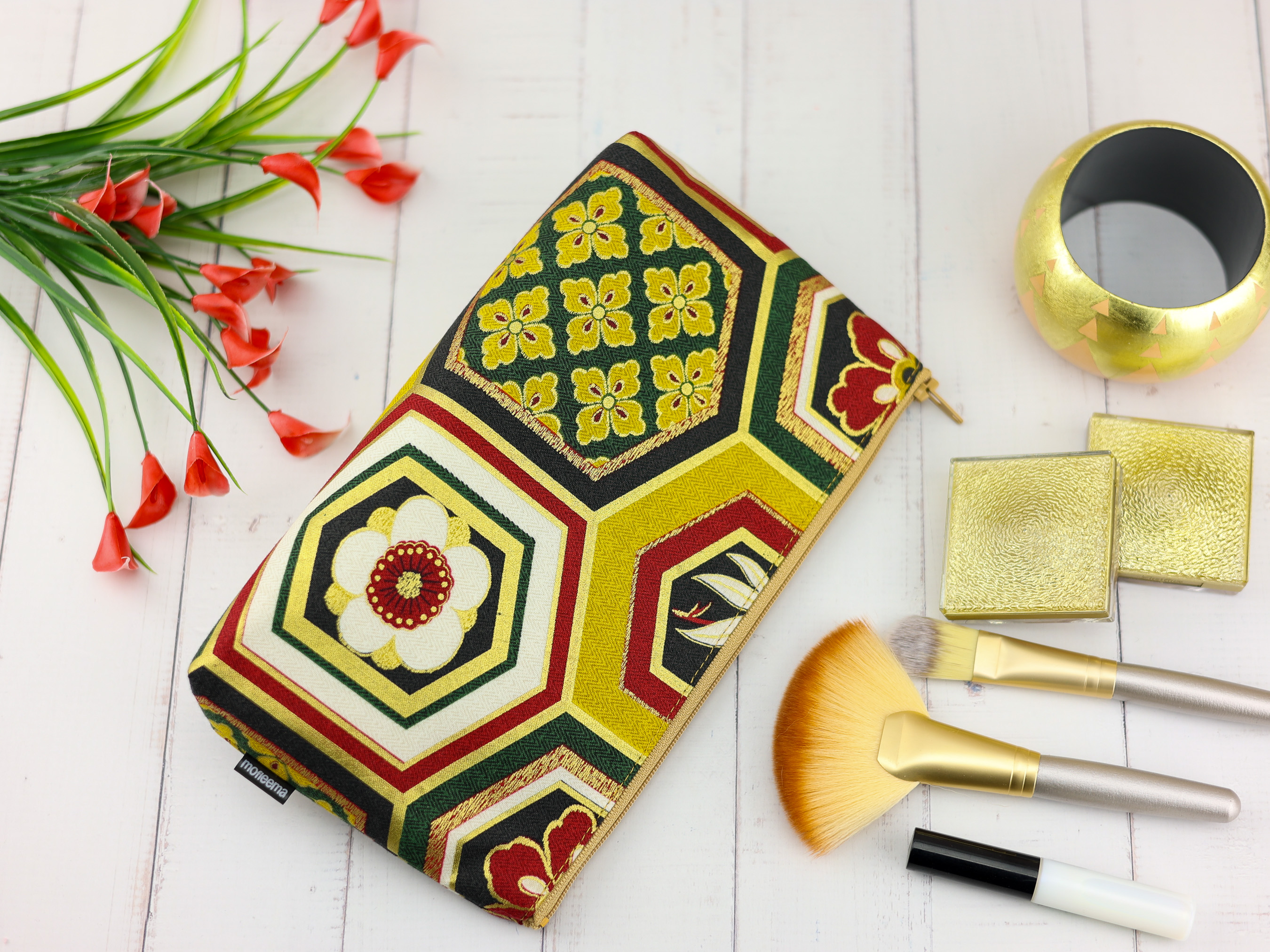 Japanese Kikkō Floral Zipper Pouch - Hexagon Kimono Pattern Bag, Red and Gold Cotton Gift