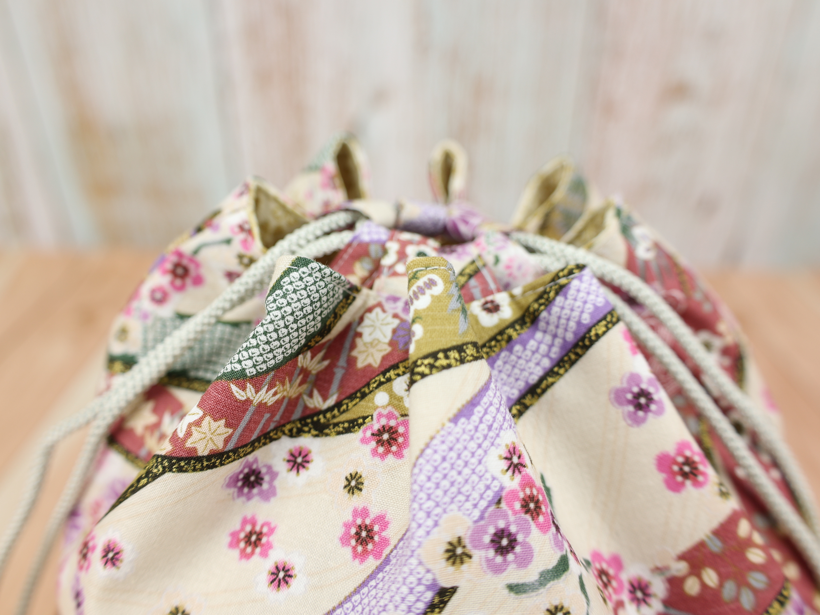 Kimono Fabric Drawstring Pouch: Handmade Cotton Makeup Bag Cherry Blossoms
