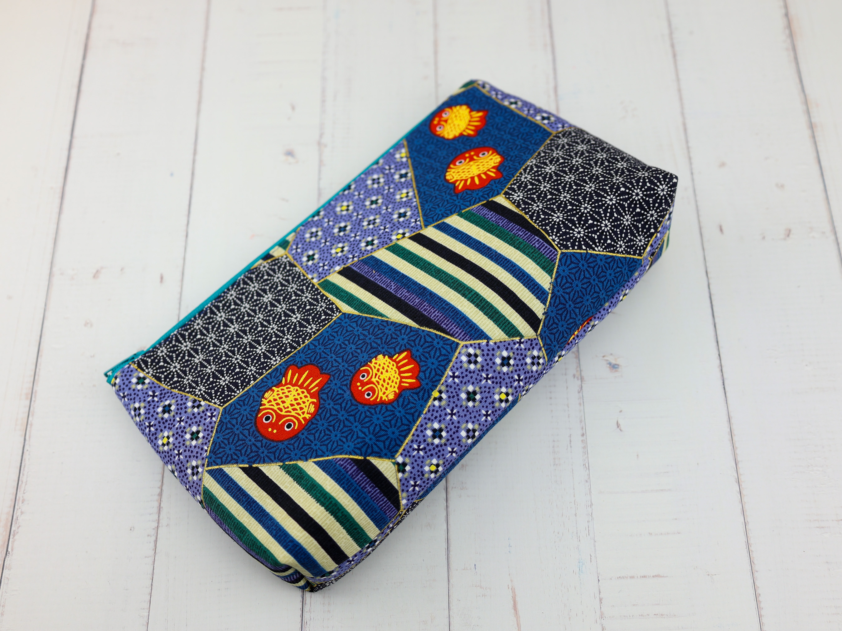 Japanese Goldfish Patchwork Zipper Pouch – Blue Cotton Makeup Bag, Cute Organizer Gift