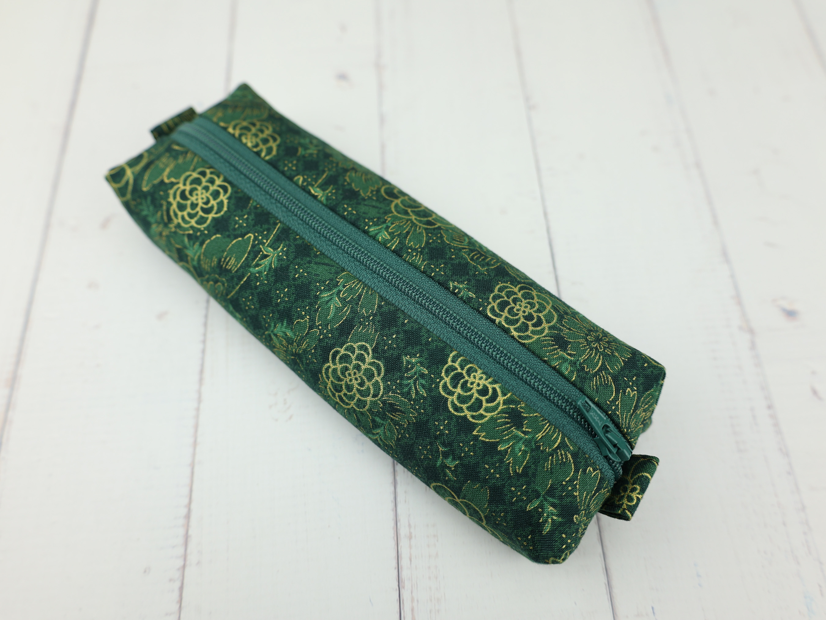 Chrysanthemum Zipper Pouch – Soft Flat Pencil Case with Gold Japanese Floral Cotton, Lined