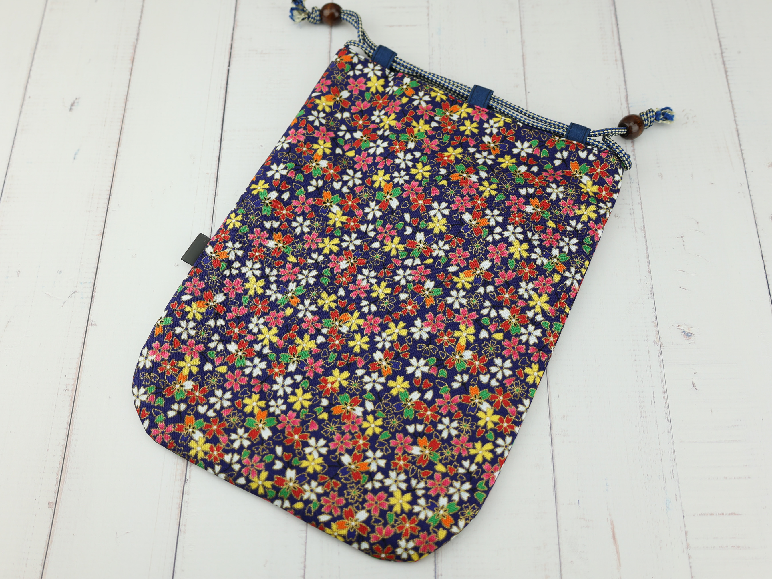 Floral Japanese Kinchaku Pouch, Colorful Drawstring Bag with Peony and Chrysanthemum Pattern