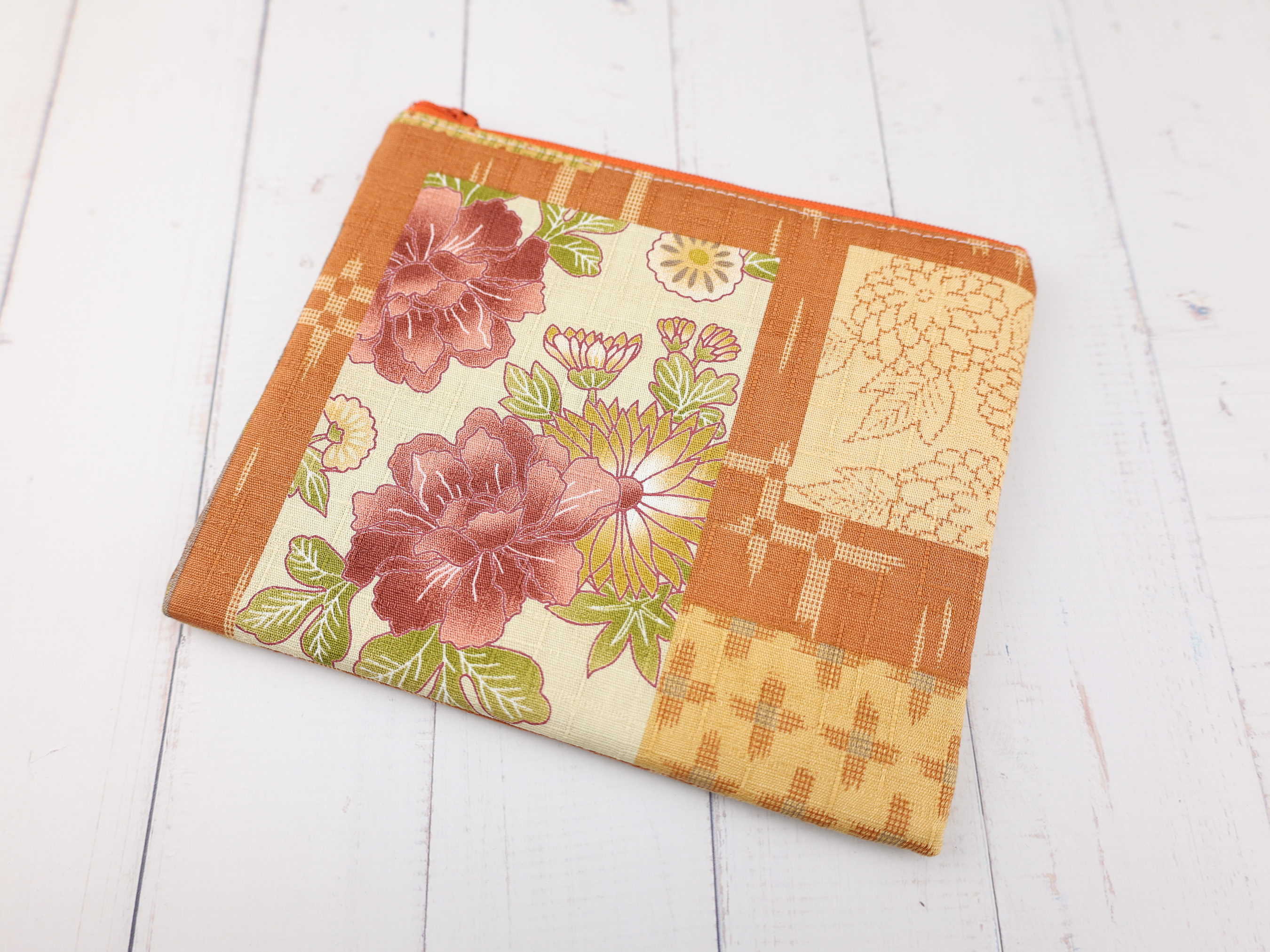 Peony Kimono Fabric Zipper Pouch, Orange Japanese Floral Makeup Bag, Retro Gift Idea