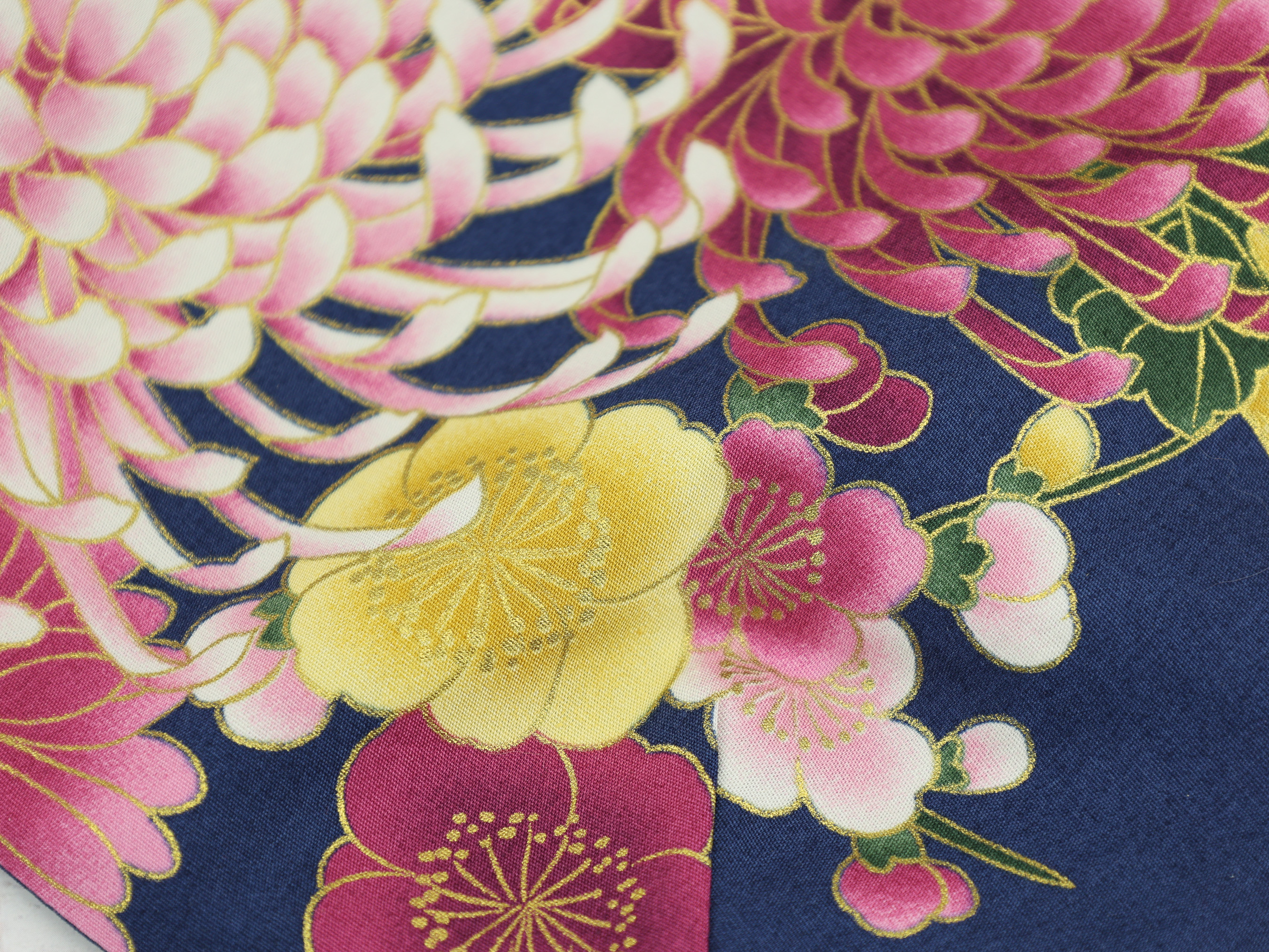 Japanese Chrysanthemum Pouch – Navy Floral Drawstring Bag, Elegant Gift Idea