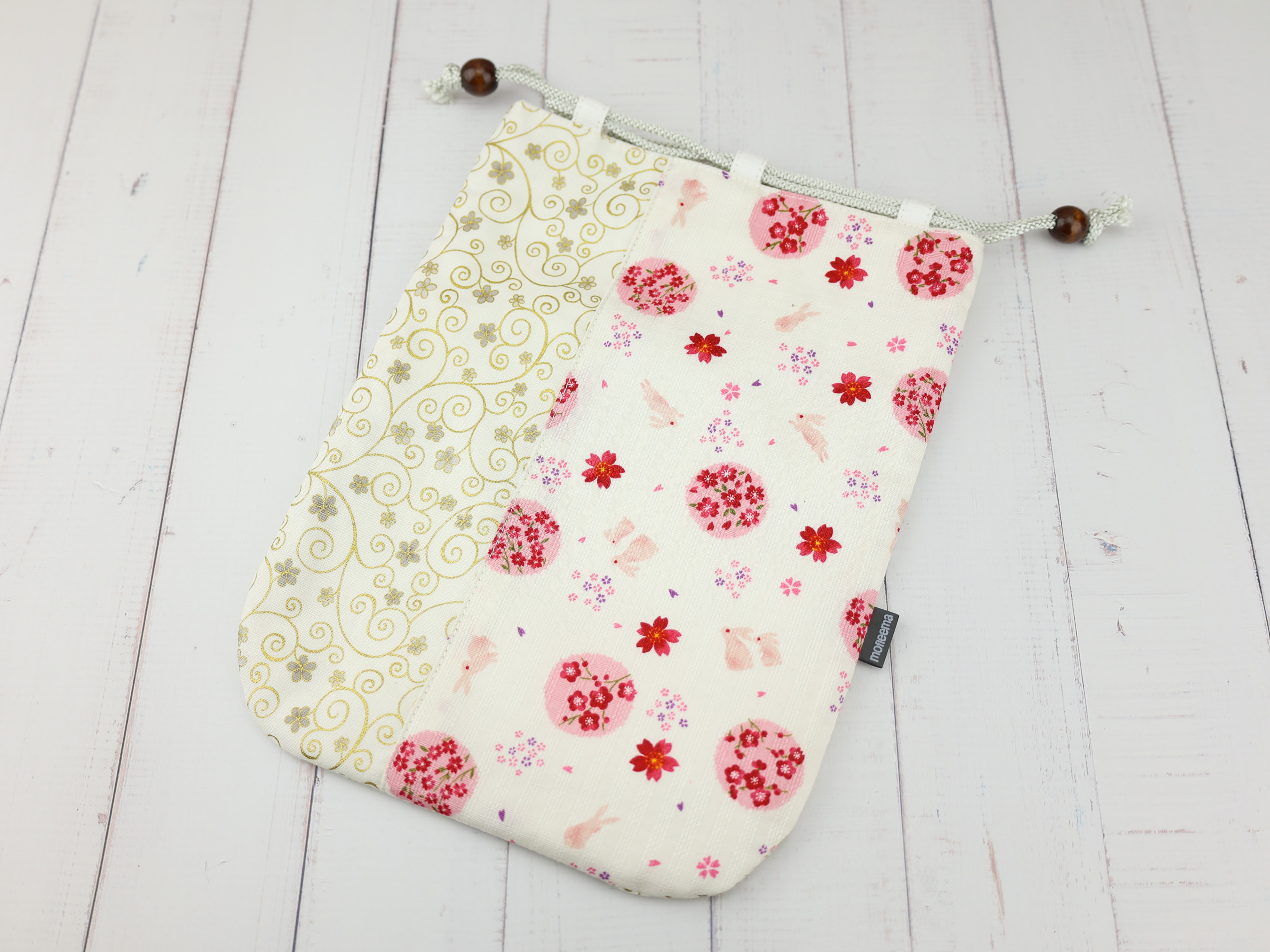 Bunny and Sakura Kinchaku Pouch, Japanese White Drawstring Gift Bag, Rabbit and Cherry Blossom