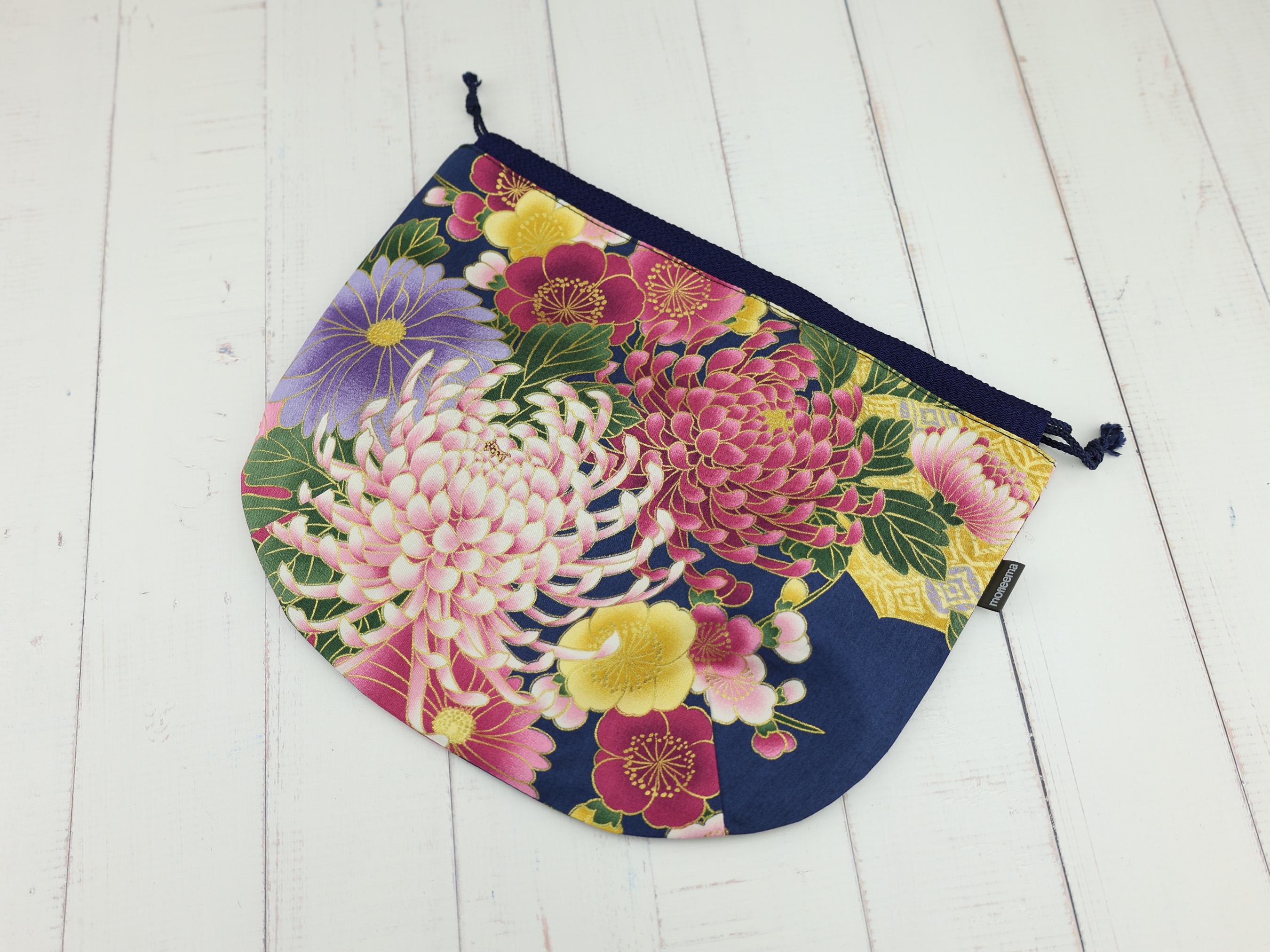 Japanese Chrysanthemum Pouch – Navy Floral Drawstring Bag, Elegant Gift Idea
