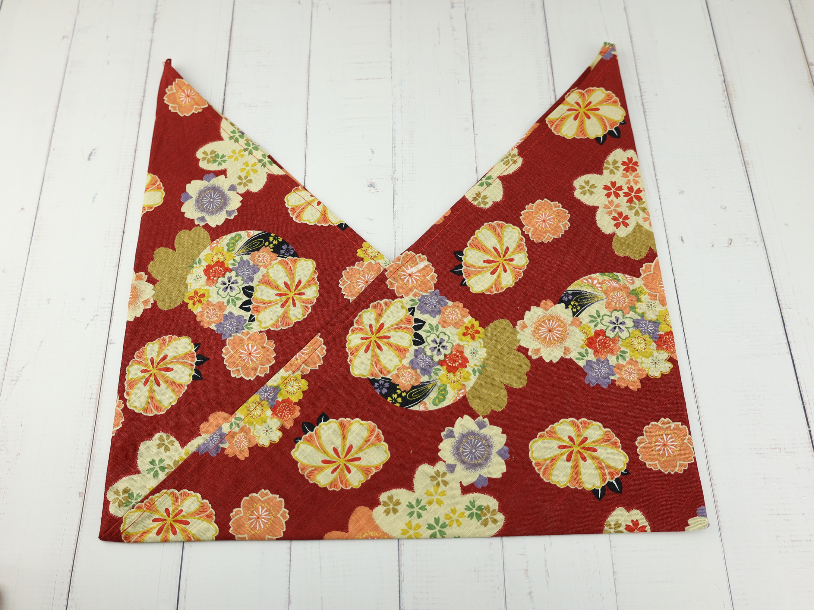 Japanese Azuma Bag – Red Floral Circle Pattern with Sakura & Plum, Unlined Cotton Tote, Handmade in Canada