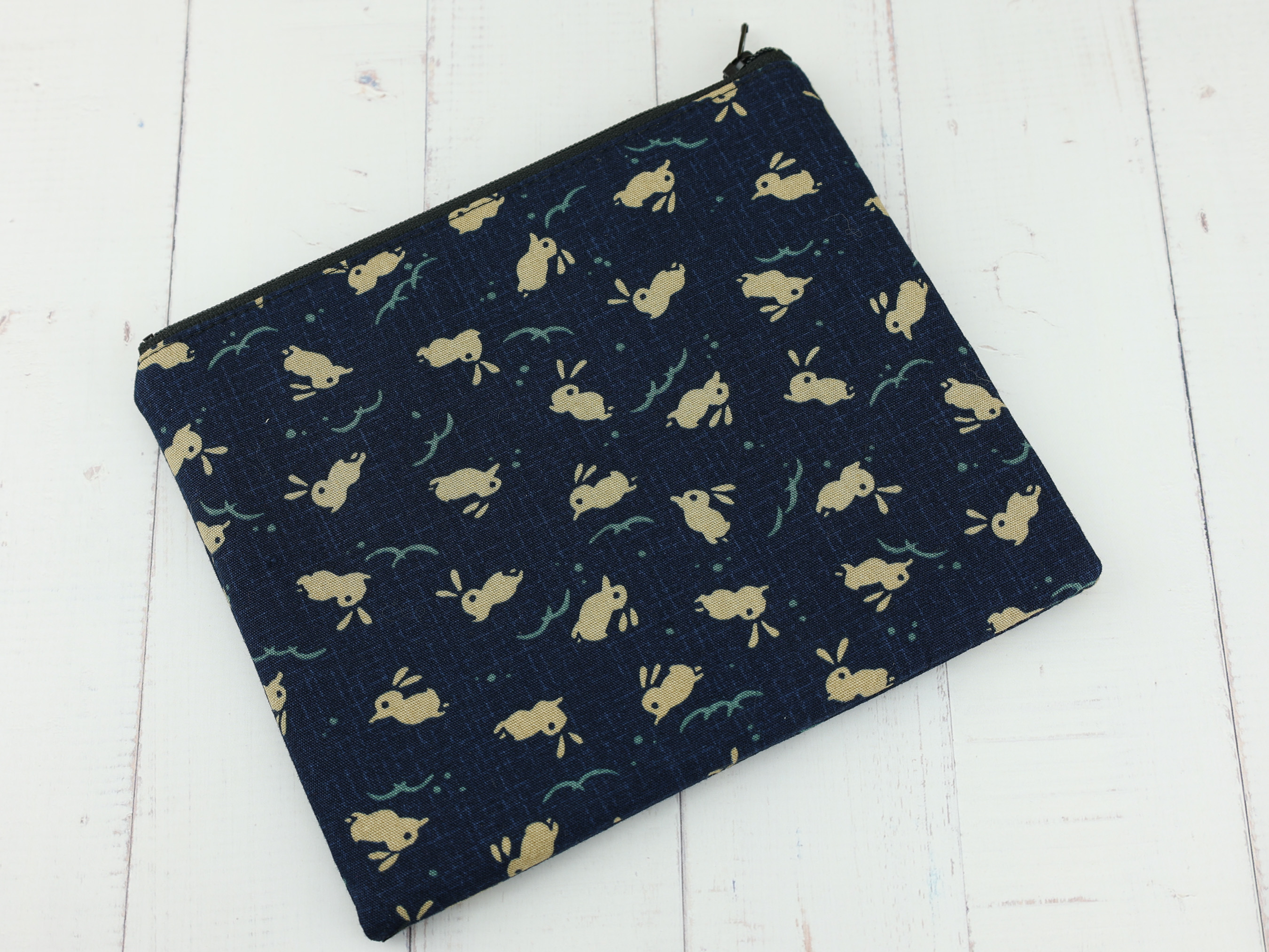 Navy Rabbit Pouch – Japanese Zipper Bag with Hopping Bunny & Water Pattern on Traditional Indigo Fabric