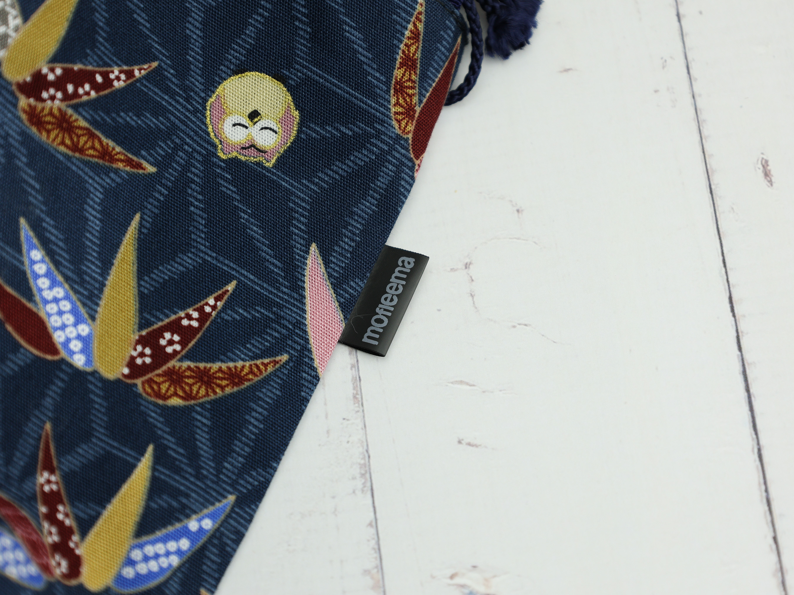 Japanese Owl Pouch – Navy Drawstring Bag with Round Owl Pattern, Kimono Gift