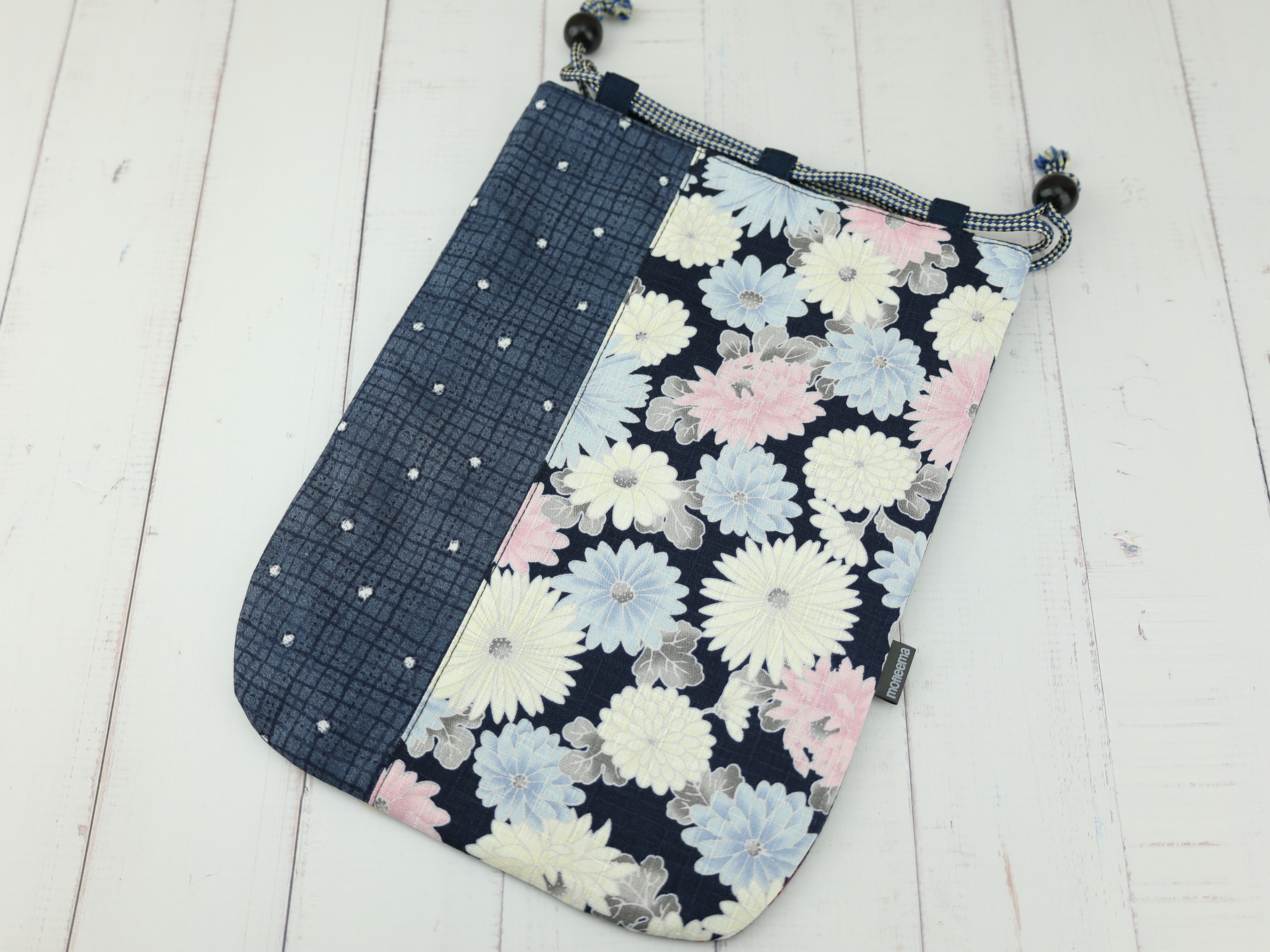 Chrysanthemum Kinchaku Pouch, Japanese Drawstring Gift Bag, Soft Blue Floral Cotton Purse