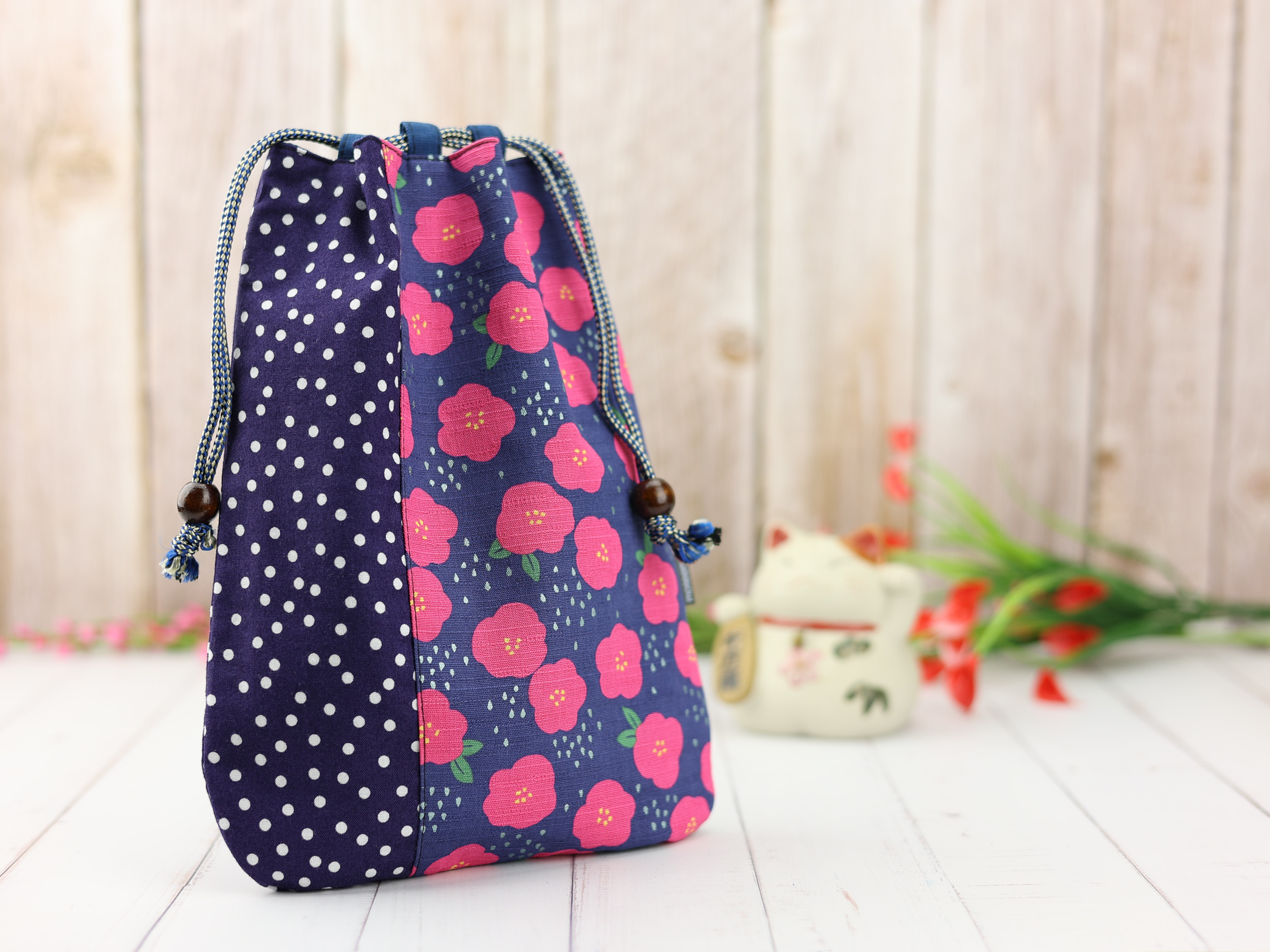 Japanese Camellia Kinchaku Pouch, Navy Drawstring Gift Bag, Tsubaki Floral Cotton Handmade Bag