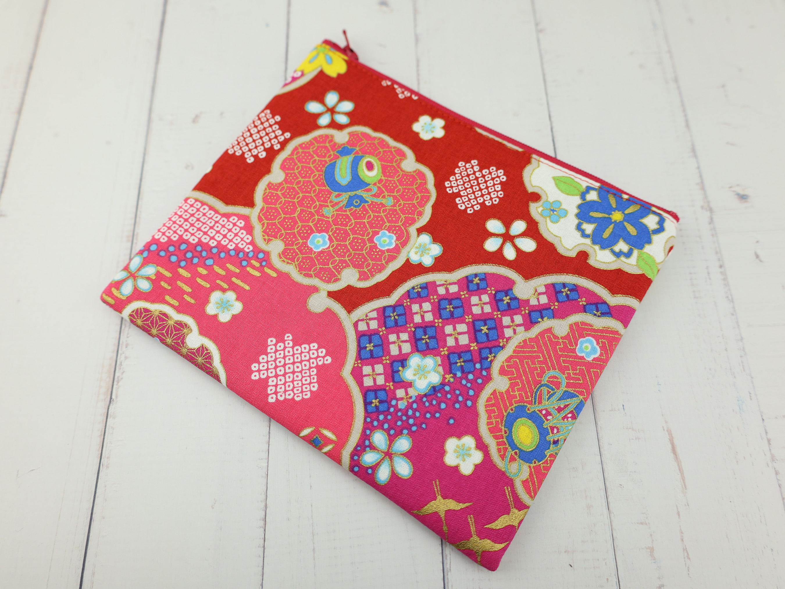 Red Floral Japanese Zipper Pouch – Makeup Bag with Traditional Fan, Crane & Sakura Motifs