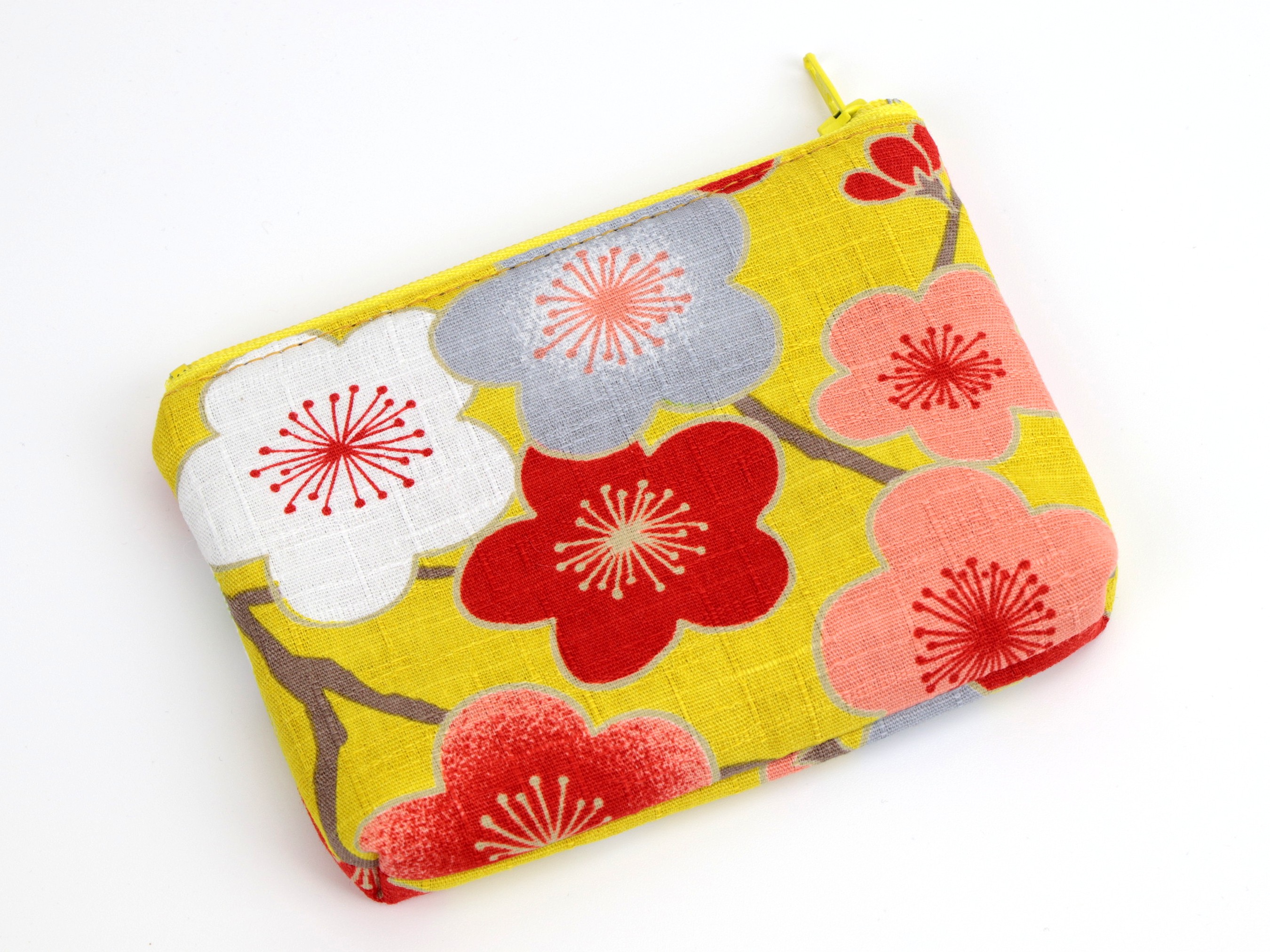 Lip Balm Pouch, Business Card Holder, Coin Purse Kimono Cotton Fabric, Plum Blossoms Mustard