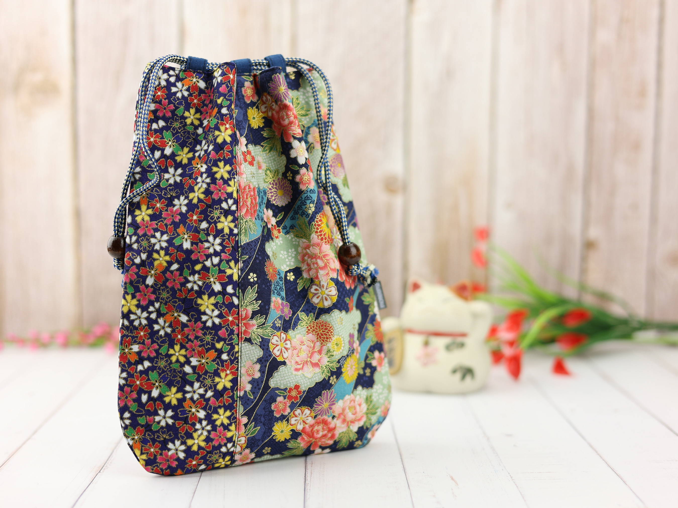 Floral Japanese Kinchaku Pouch, Colorful Drawstring Bag with Peony and Chrysanthemum Pattern