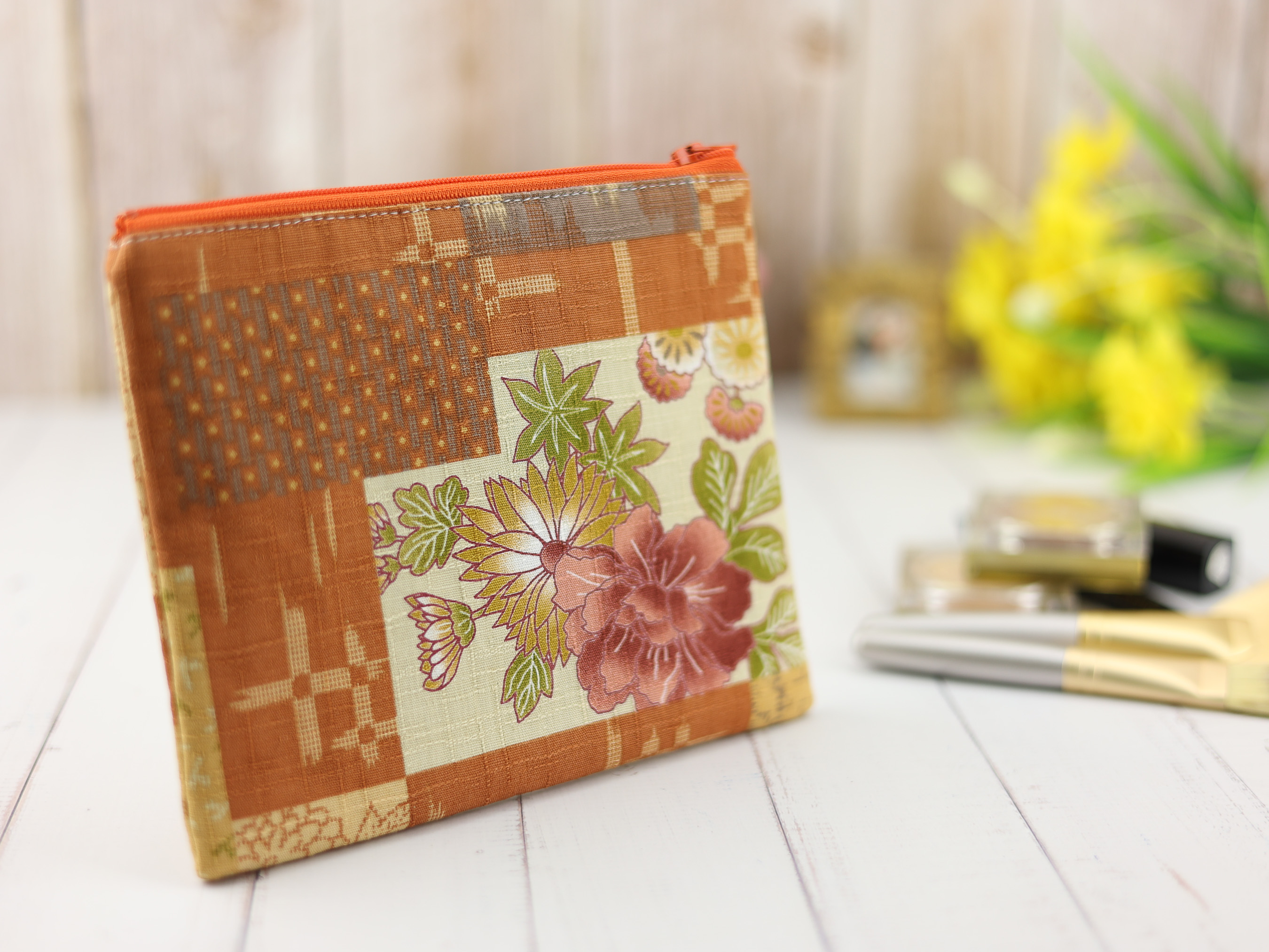 Peony Kimono Fabric Zipper Pouch, Orange Japanese Floral Makeup Bag, Retro Gift Idea