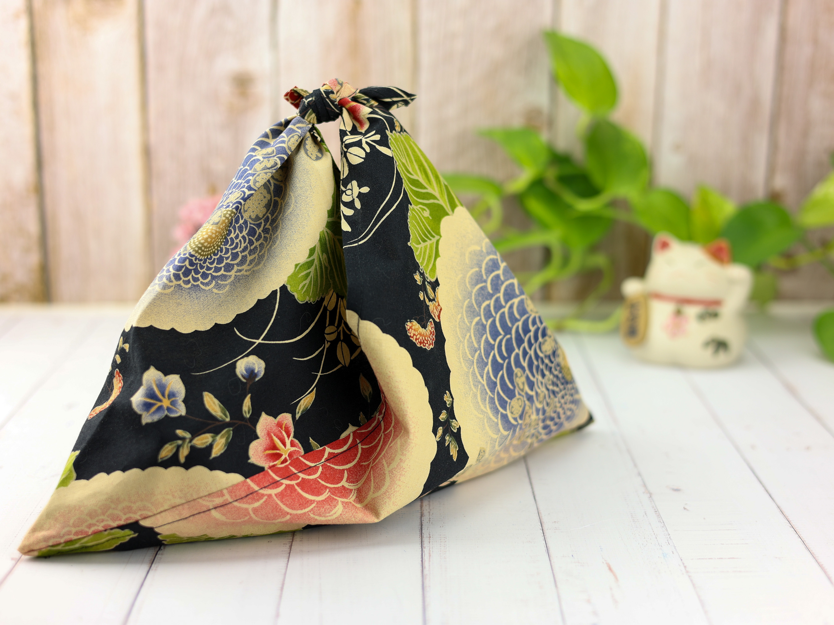 Japanese Azuma Bag – Black Chrysanthemum Fabric, Unlined Cotton Eco Tote, Handmade in Canada